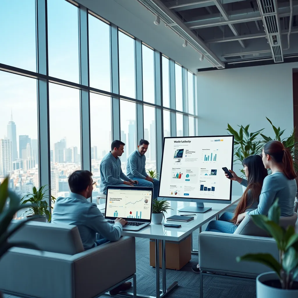 Generate a photorealistic, ultra-high quality header image for SAITS4U Website Solution. The image should feature a modern, sleek office space with large windows showcasing a city skyline. The space should be bright and inviting, with natural light streaming through the windows. The color palette should be modern and minimalist, using a combination of cool blues, grays, and white. The focal point should be a team of diverse, professional-looking individuals working collaboratively on a website design, showcasing the latest technologies. The camera angle should be slightly elevated, providing a wide-angle perspective of the room. The image should convey a sense of innovation, creativity, and teamwork. The team should be using high-end laptops and monitors, surrounded by modern furniture and plants. Incorporate subtle details that highlight SAITS4U's services, such as a whiteboard displaying a website mockup, a laptop screen showing a website analytics dashboard, and a phone displaying a positive customer review. Use a shallow depth of field to create a professional and polished aesthetic. The image should have an 8K resolution and a hyperrealistic style. For inspiration, refer to images of modern tech companies like Google, Apple, and Microsoft., ultra high resolution, photorealistic, 8K, hyperdetailed, cinematic lighting