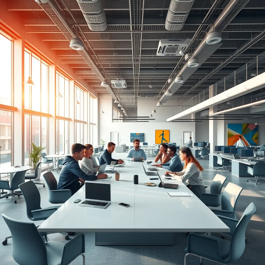 Generate a photorealistic, ultra-high quality image in 8K resolution of a modern, open-plan office space. The scene should be bathed in warm, natural light streaming through large windows. The color palette should be clean and modern, featuring muted tones of blue, gray, and white. The image should focus on a group of diverse professionals collaborating around a large, sleek conference table. They should be engaged in a lively discussion, showcasing their expertise and innovative ideas. The table should be adorned with high-tech gadgets, such as laptops, tablets, and smartphones. The background should depict a bustling office environment with neatly organized workstations, vibrant artwork, and minimalist furniture. The camera angle should be slightly elevated, capturing the dynamic energy of the scene. The overall mood should be professional, energetic, and forward-thinking, reflecting the company's commitment to providing cutting-edge IT solutions. The image should be stylized to resemble the work of renowned photographers like David Yarrow and Annie Leibovitz, known for their captivating portraits and impeccable detail., ultra high resolution, photorealistic, 8K, hyperdetailed, cinematic lighting