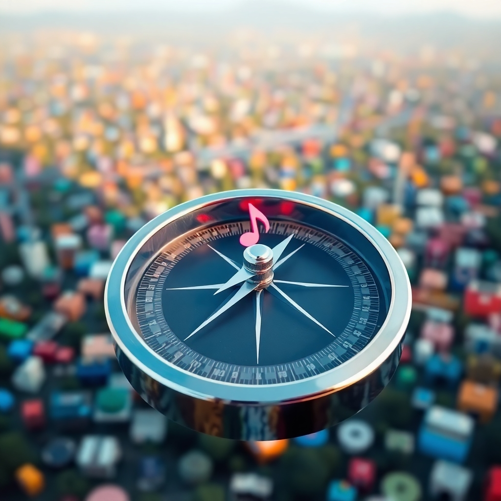 Generate a photorealistic image of a compass pointing towards a specific niche in a vast landscape of various skill sets and interests represented by different icons. The compass needle is prominently highlighting a niche icon (e.g., a coding symbol, a musical note, an art palette). The landscape background is slightly blurred, emphasizing the importance of finding focus. Use a color palette that highlights the niche icon with bright colors against a more muted background. The style should be clean and modern, conveying clarity and direction. The image should symbolize the process of identifying a profitable niche for online course creation.