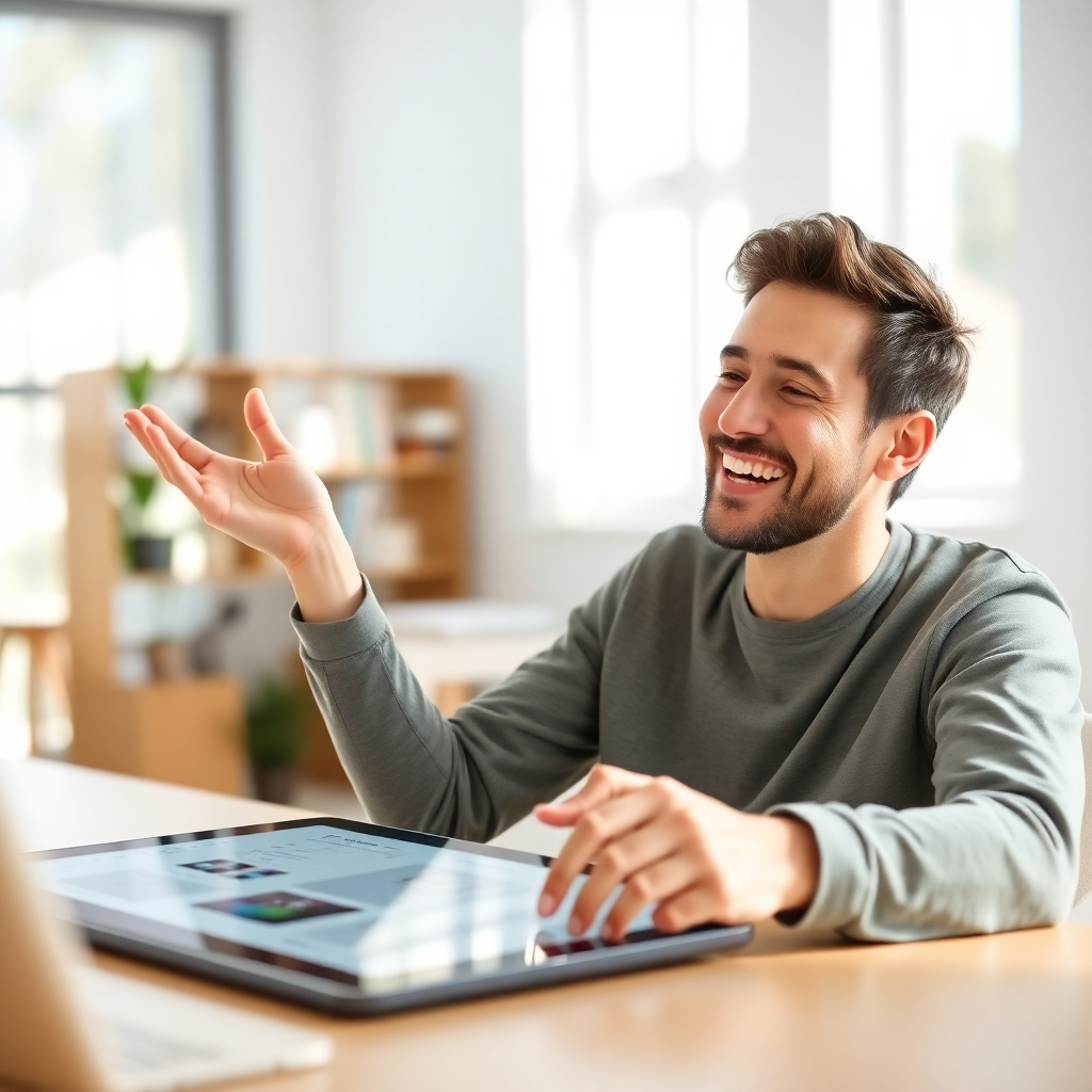Generate a photorealistic image of a person smiling and effortlessly using the ClickSite.Ai interface on a tablet. Bright, airy workspace. Focus on the ease of interaction. Soft, natural light enhances the user-friendly nature.