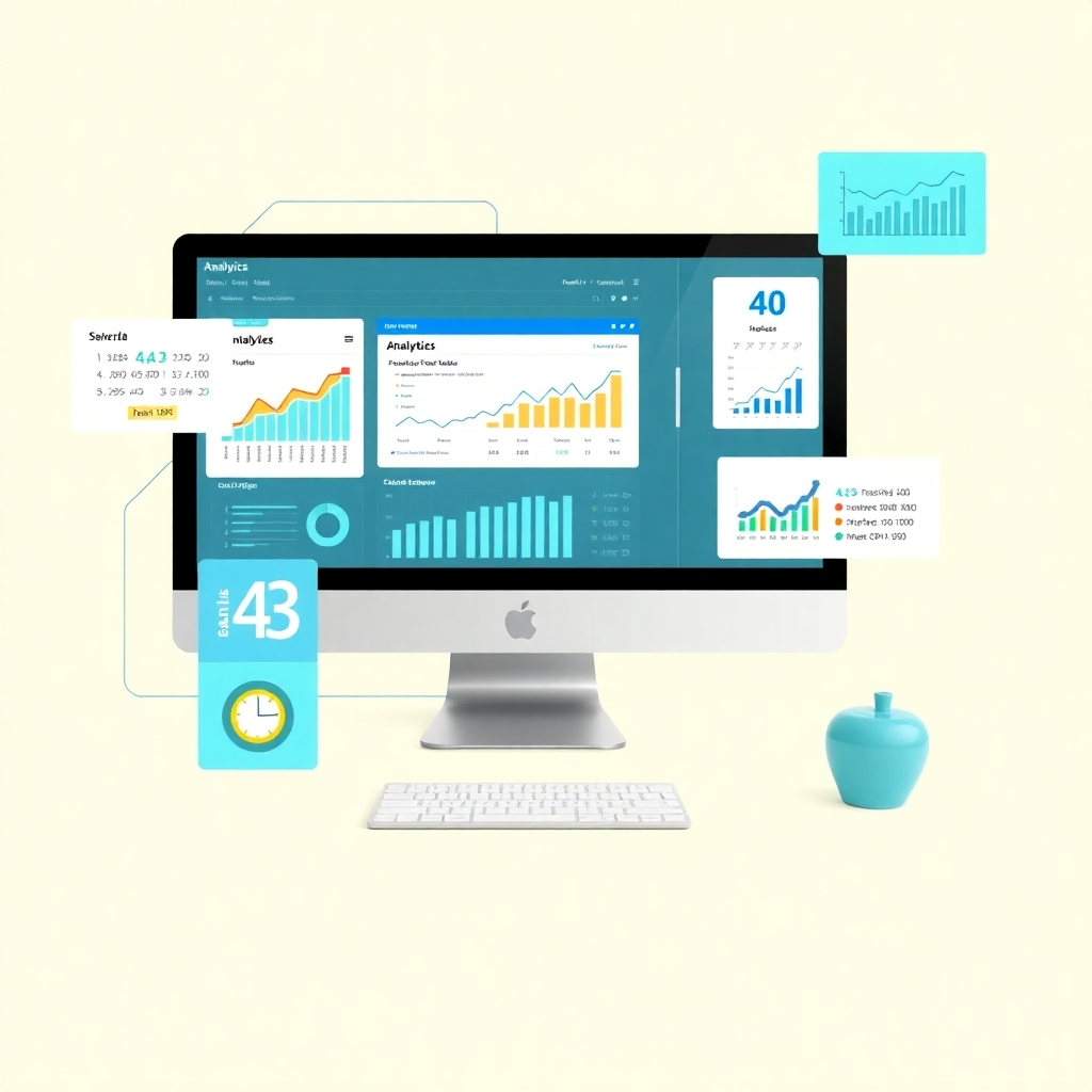 Generate a photorealistic image showcasing the optimization process for an online course. The visual includes a computer screen displaying analytics dashboards, A/B testing results, and student feedback. Tools and graphs illustrating data analysis are prominently featured. The color palette is professional and analytical, with an emphasis on blues, greens, and yellows. The style is clean and modern, emphasizing the importance of data-driven decision-making in optimizing course performance. The composition should convey the concept of refining and improving courses for maximum impact and success.