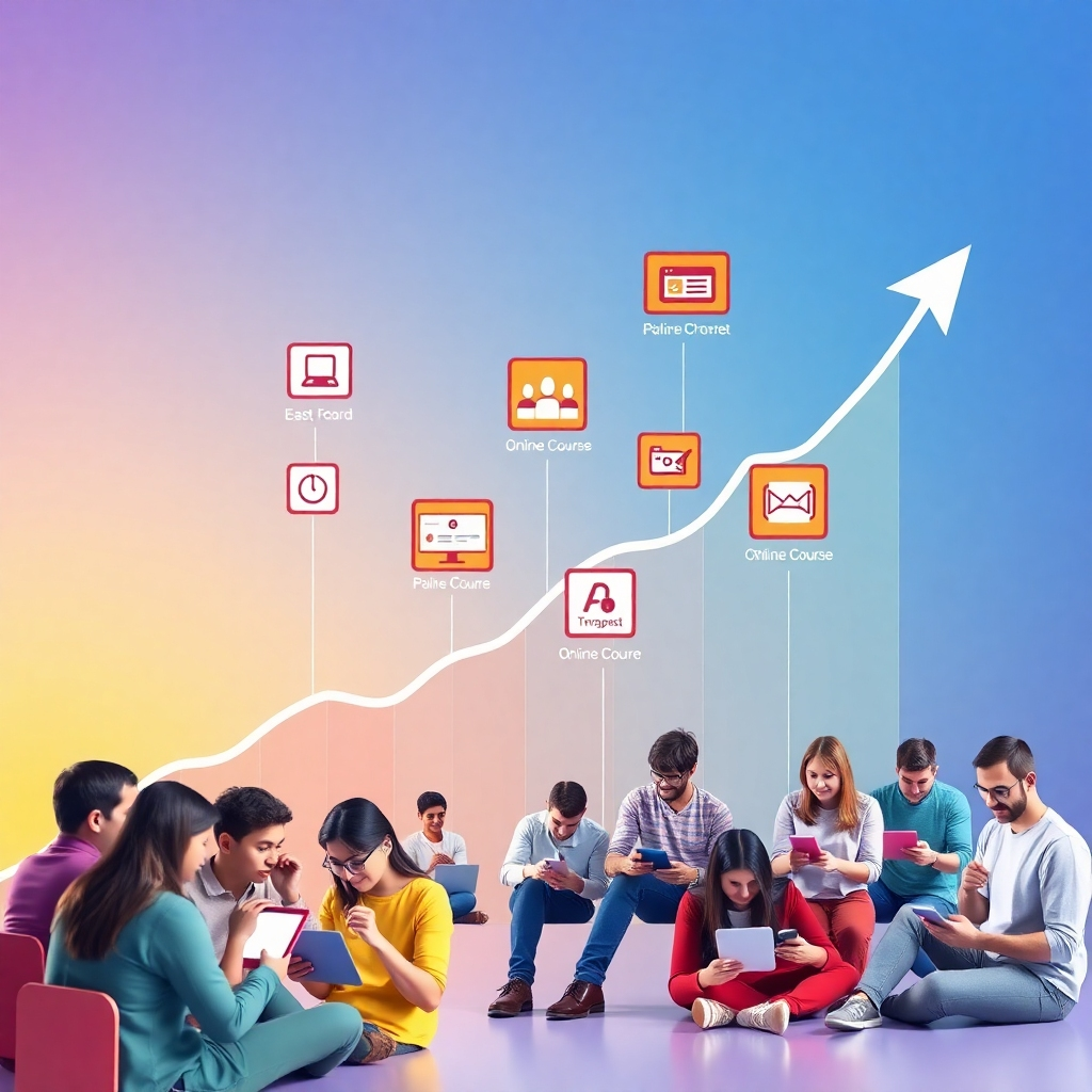 Generate a photorealistic image illustrating the scaling of an online course business. The visual features a graph showing exponential growth, multiple interconnected platforms representing course delivery and marketing channels, and a diverse group of students learning from different devices. The color palette is vibrant and dynamic, conveying growth and expansion. The style is modern and professional, symbolizing the potential for scaling and achieving long-term success in the online education market. Aim for a composition that emphasizes the interconnectedness of various elements driving business growth.