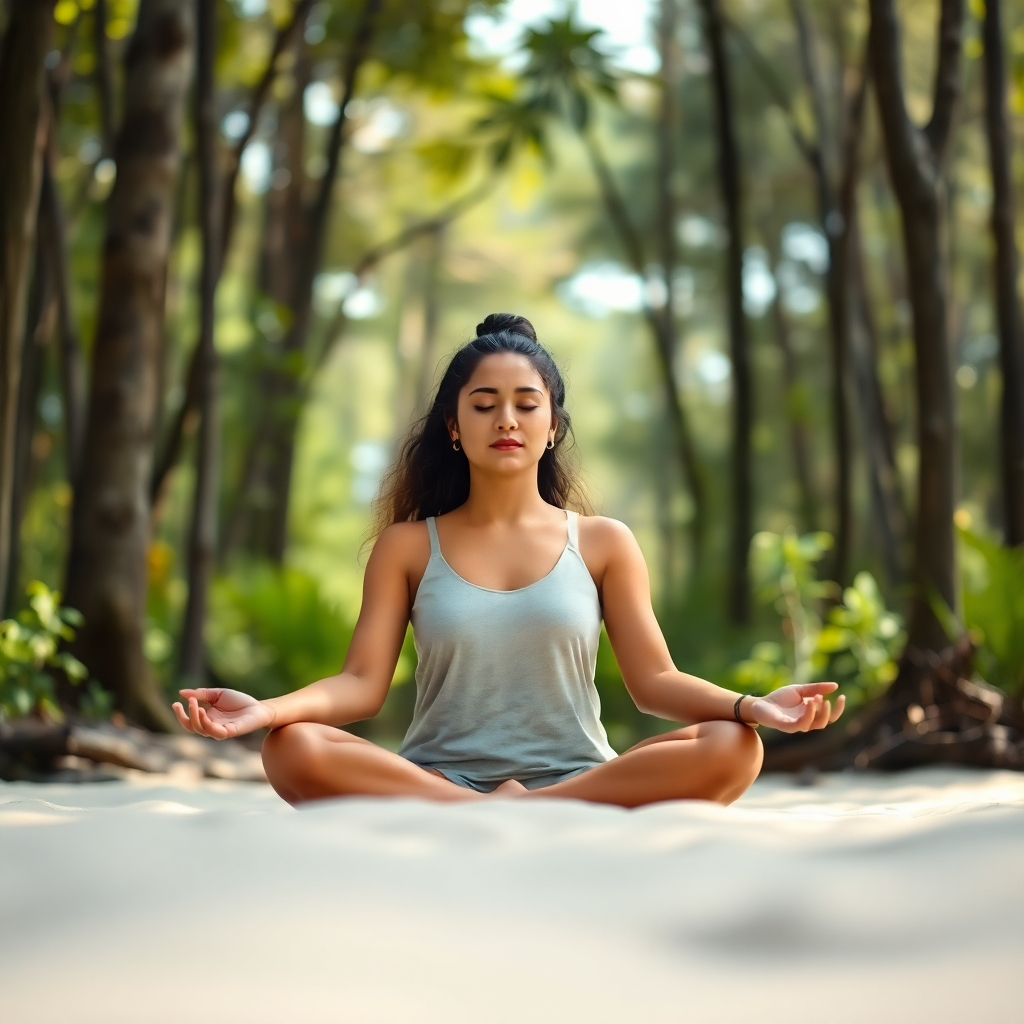 Generate a photorealistic image of a person meditating peacefully in a serene natural setting, such as a forest or a beach. Focus on the calmness of their face and the peaceful environment. Use soft lighting and natural colors.