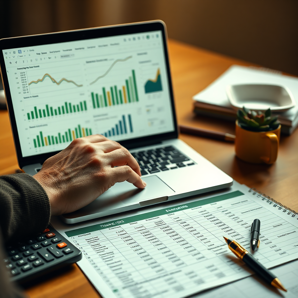 Generate an 8K hyperrealistic image of financial planning for a side hustle. The main subject consists of a person analyzing charts and graphs on a laptop, alongside a well-organized budget spreadsheet. The lighting in the scene is warm and inviting. The color scheme incorporates greens and golds, to subtly convey money and success. The angle is a close-up shot on the screen and the person's hands. Style of the shot is a mix of modern and classic, to display tradition. The props consist of a calculator, pen, and notebook. The render should highlight the clarity and organization of the data displayed.