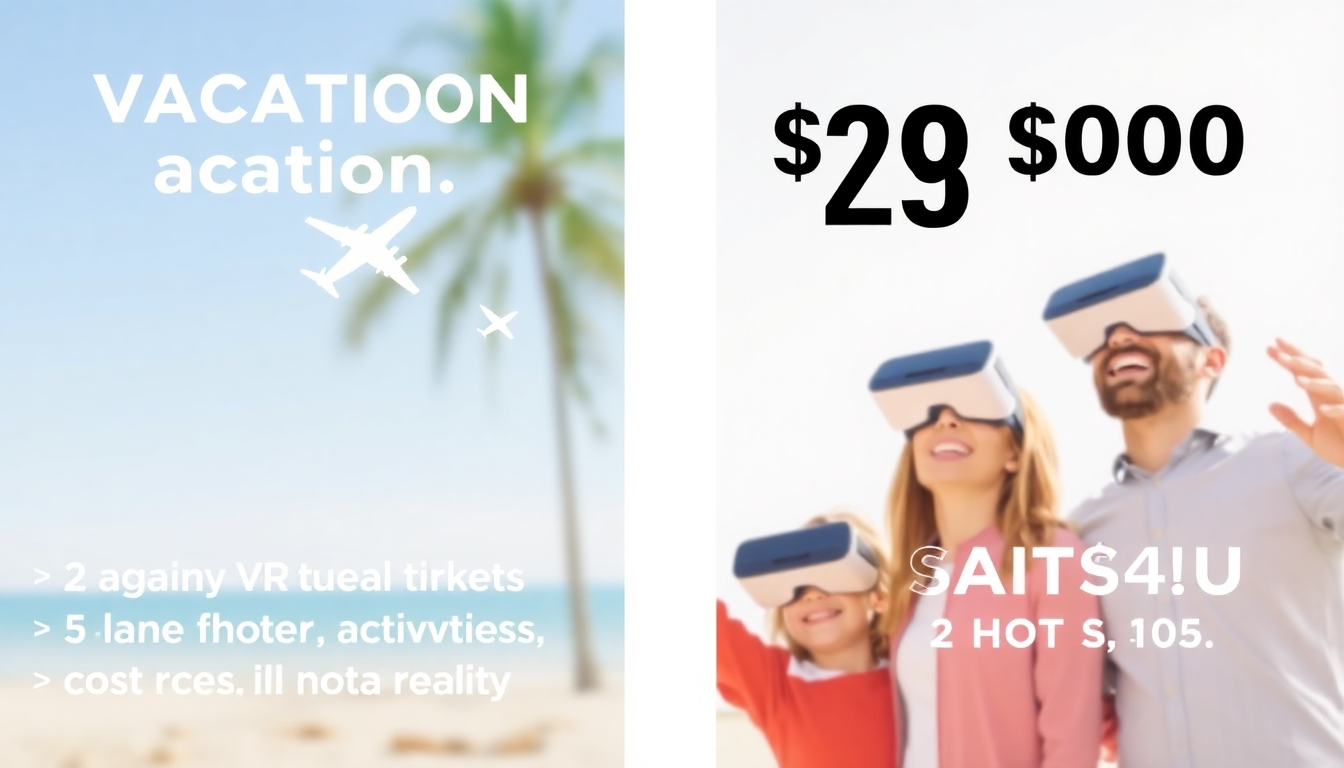 Illustrate a comparison between the costs of a traditional vacation (e.g., plane tickets, hotel, activities) and the cost of using SAITS4U's virtual reality travel service. Use a visually appealing, minimalist graphic design to present this price difference. Include a happy family using VR headsets in the background to represent the joyful experiences.