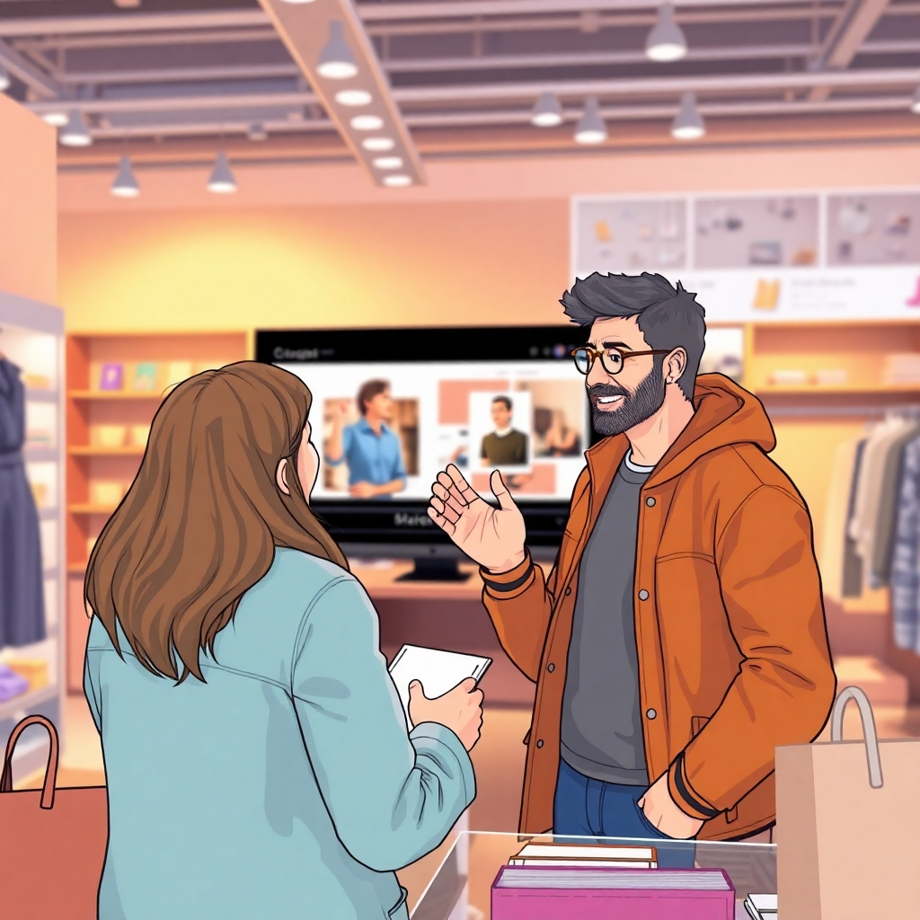 Illustrate a scene where a customer is making a purchase decision after watching a compelling product demonstration video. The scene should convey excitement and confidence in their choice. Lighting should be warm and persuasive. The color palette should be positive and inviting. The environment is a modern retail setting or an e-commerce platform. Style reference: Sales and marketing techniques. 8k resolution, photorealistic.