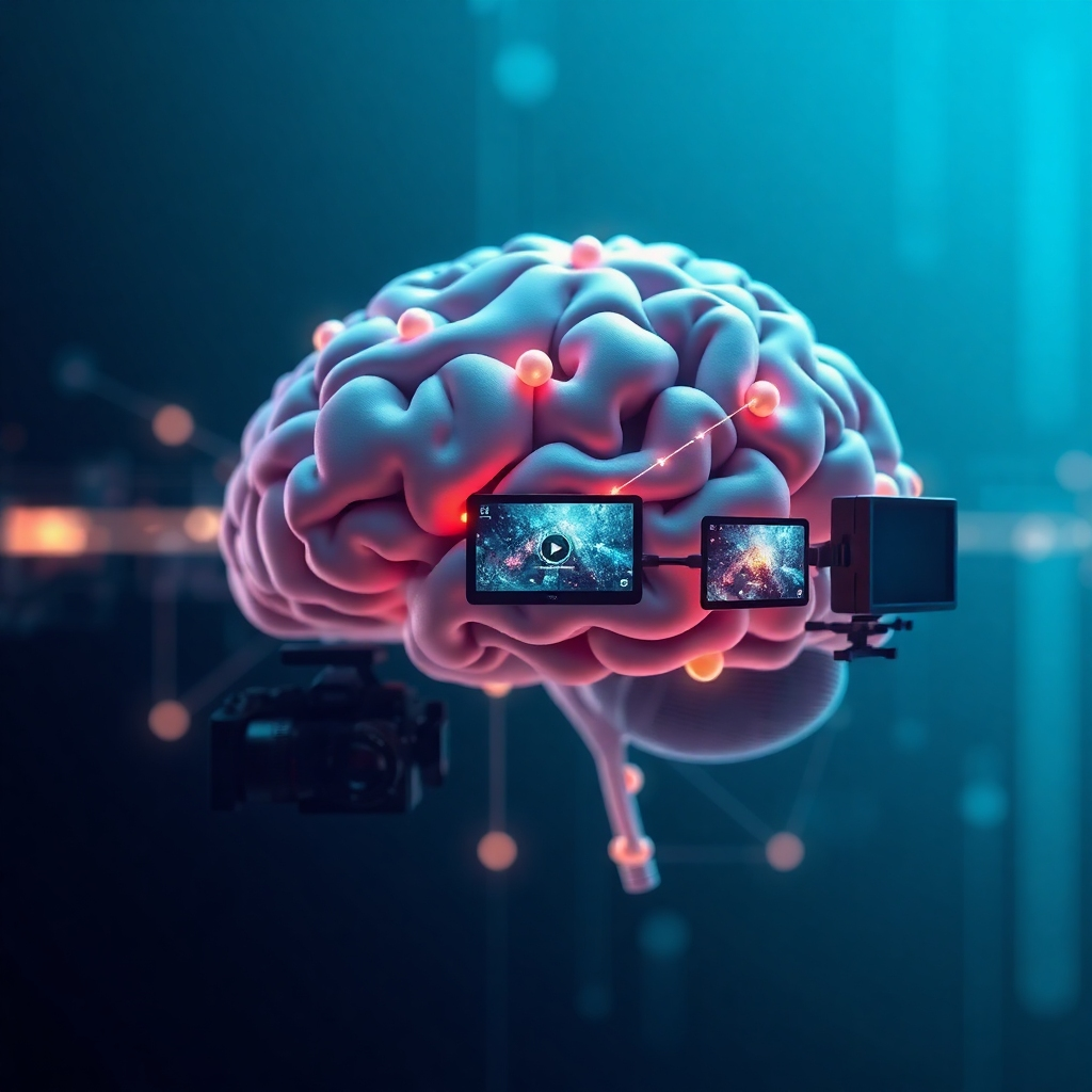 Image of a brain-like structure interconnecting with a video production setup, highlighting the AI's role in streamlining the process. Use a futuristic aesthetic to symbolize AI's advanced capabilities and efficient workflows. Photorealistic rendering of the brain-like structure, with a slightly futuristic style for the video production elements.