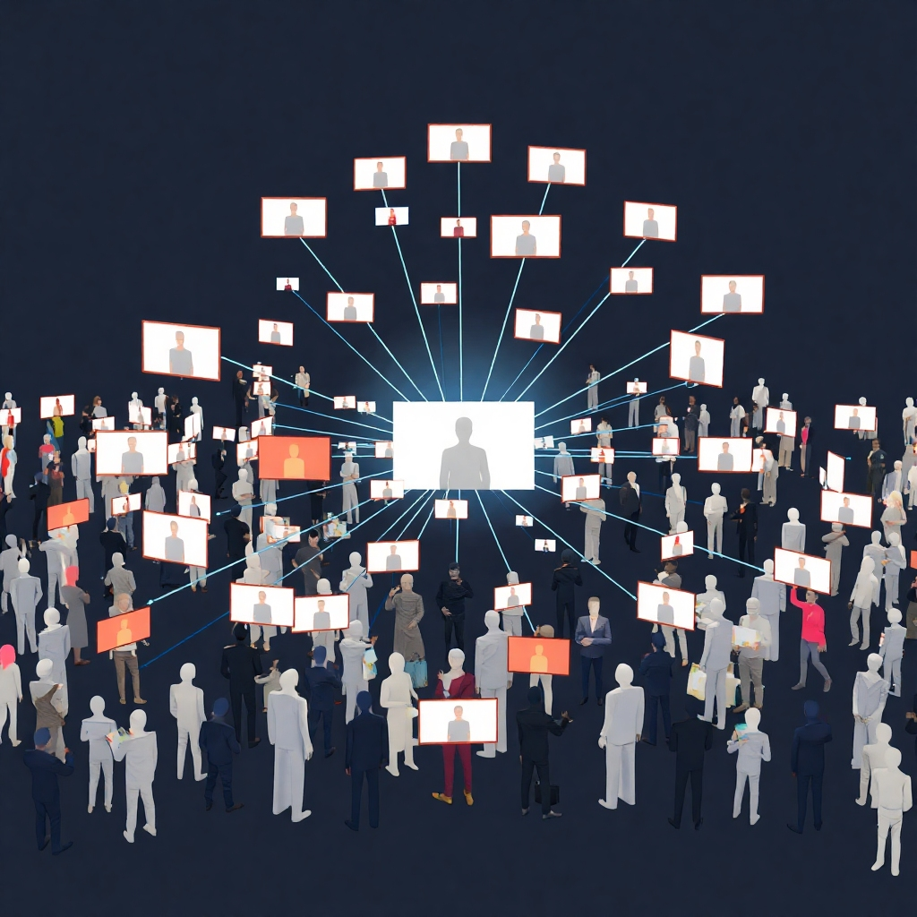 Image of a rapidly expanding network, symbolizing the potential to create a large number of videos, using various human models in different settings, emphasizing the scale and diversity of the results. Stylized approach to show the concept of scalability and variety.
