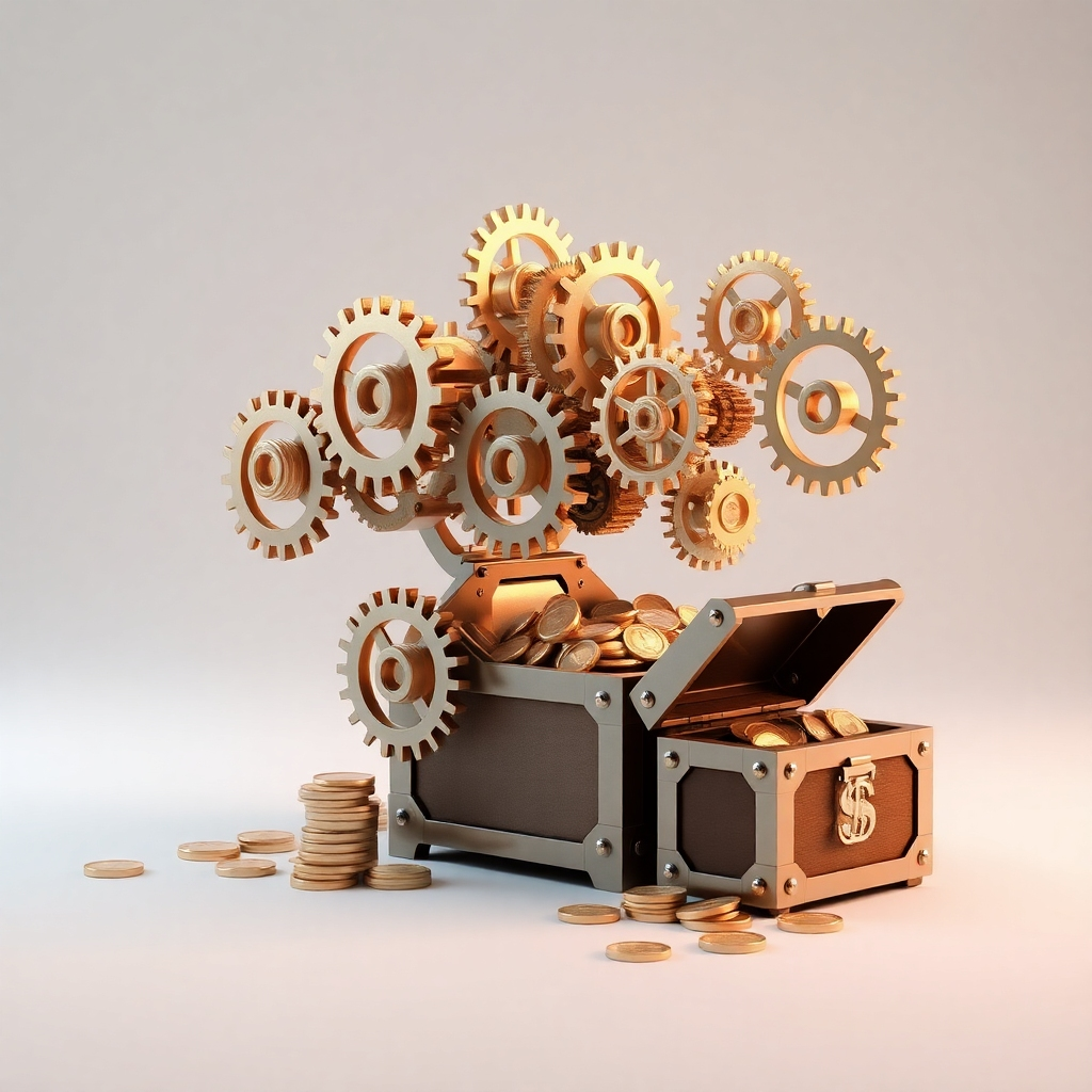 Imagine a complex yet elegant machine made of gears and cogs, each representing a different aspect of an automated income stream. The machine is constantly running, producing a steady stream of coins that flow into a treasure chest. The background should be a clean, minimalist design to emphasize the efficiency and reliability of the system. Use a metallic color palette with subtle lighting effects to create a sense of sophistication. Resolution: 4K, 3D rendering.