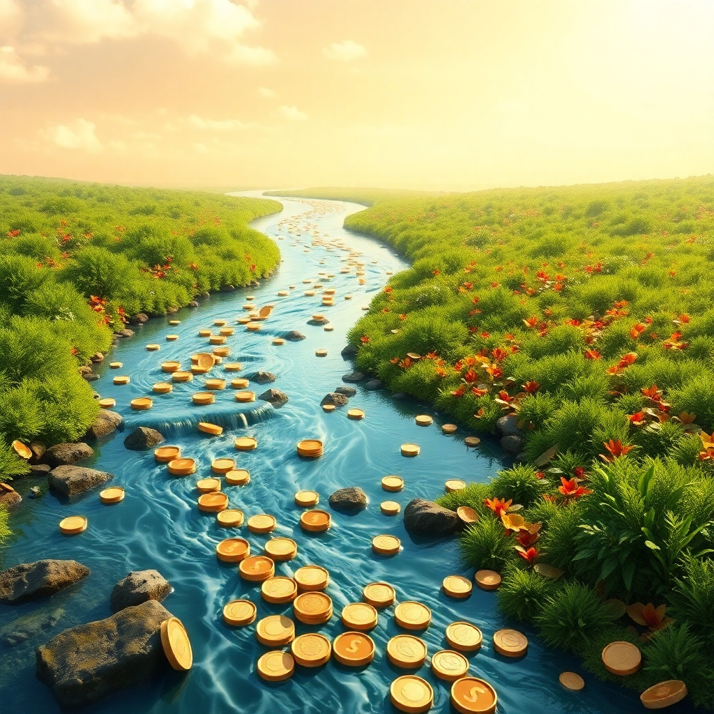 Imagine a flowing river of coins that continuously flows and branches into smaller streams, irrigating various areas of opportunity and prosperity. The river is lined with lush vegetation, symbolizing growth and abundance. The background should display a sunny, optimistic sky. The visual style is highly detailed and colorful, evoking a sense of constant flow and consistent income. Resolution: 4K, photorealistic.