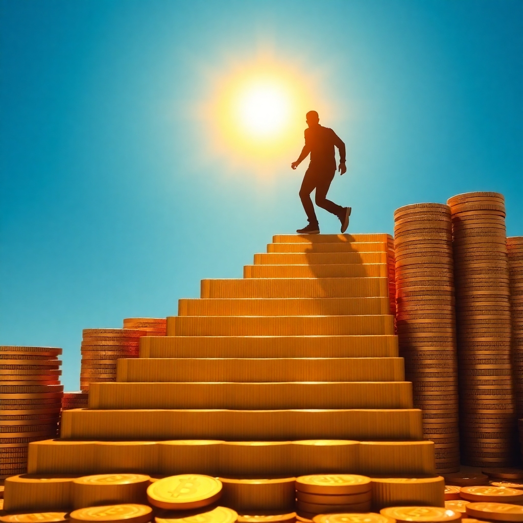 Imagine a person climbing a staircase made of coins, each step representing a different passive income strategy. At the top of the staircase is a shining golden sun symbolizing financial freedom. The background shows a clear blue sky. The art style should be motivational and inspirational. The person climbing the stairs can be silhouetted to put emphasis on the journey and achievement rather than any single individual. Use a warm color palette and ensure the image is highly detailed with good lighting. Resolution: 4K, hyperrealistic.