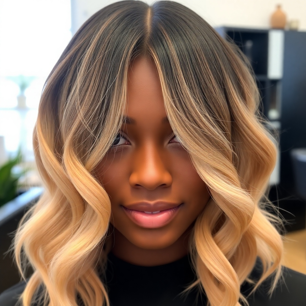 Photorealistic image of a woman with long, flowing hair, featuring a stunning balayage technique with seamlessly blended highlights and lowlights. The background should be a luxurious salon setting. The lighting should accentuate the shine and vibrancy of the color. The woman should look radiant and happy with the results.  The image needs to showcase the quality and expertise of the color application.