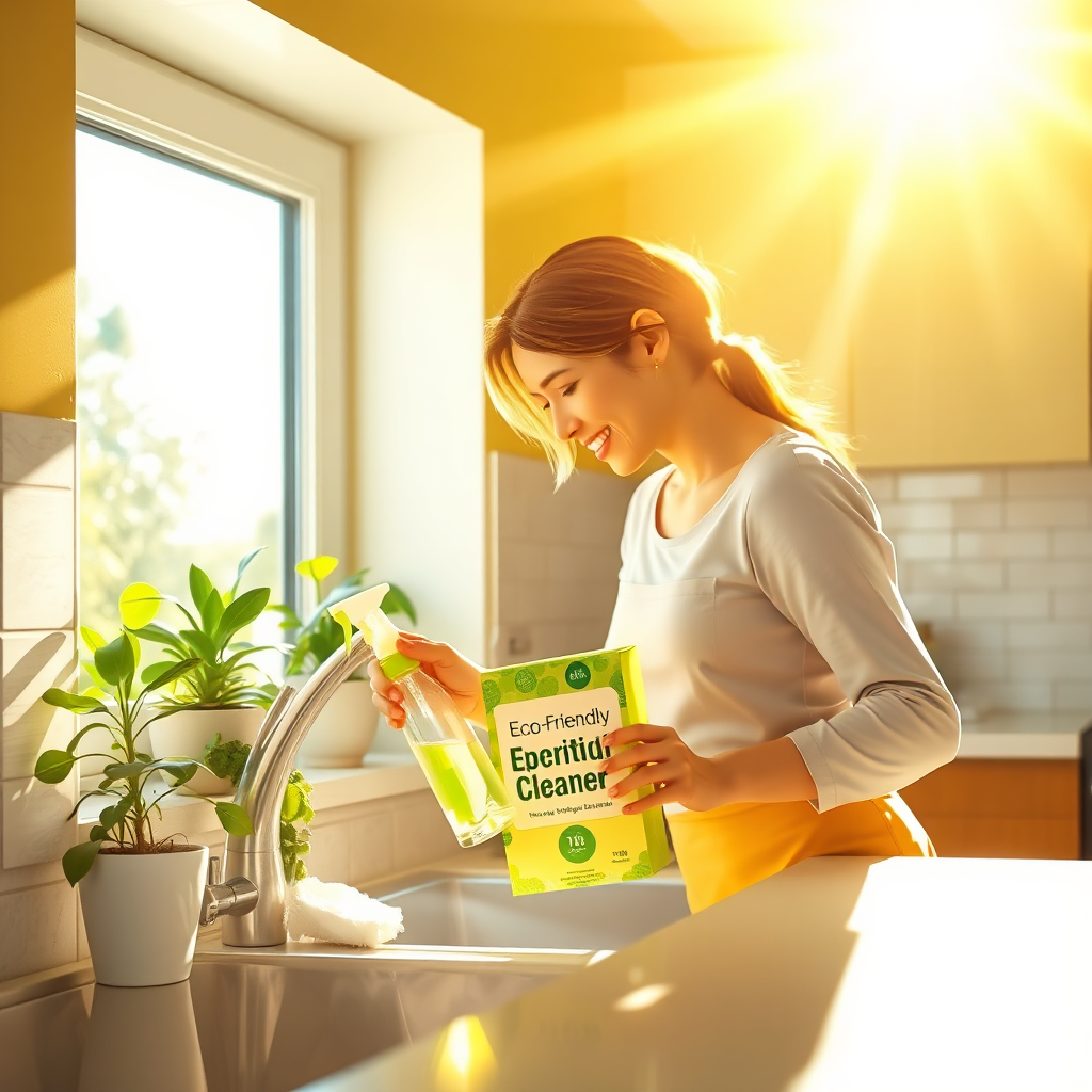 Depict a sunny kitchen scene where a person is cleaning with a bottle labeled 'Eco-Friendly Cleaner.' Show natural light streaming through a window, plants on the windowsill, and surfaces gleaming. The color scheme should be bright and natural, emphasizing green and yellow tones.
