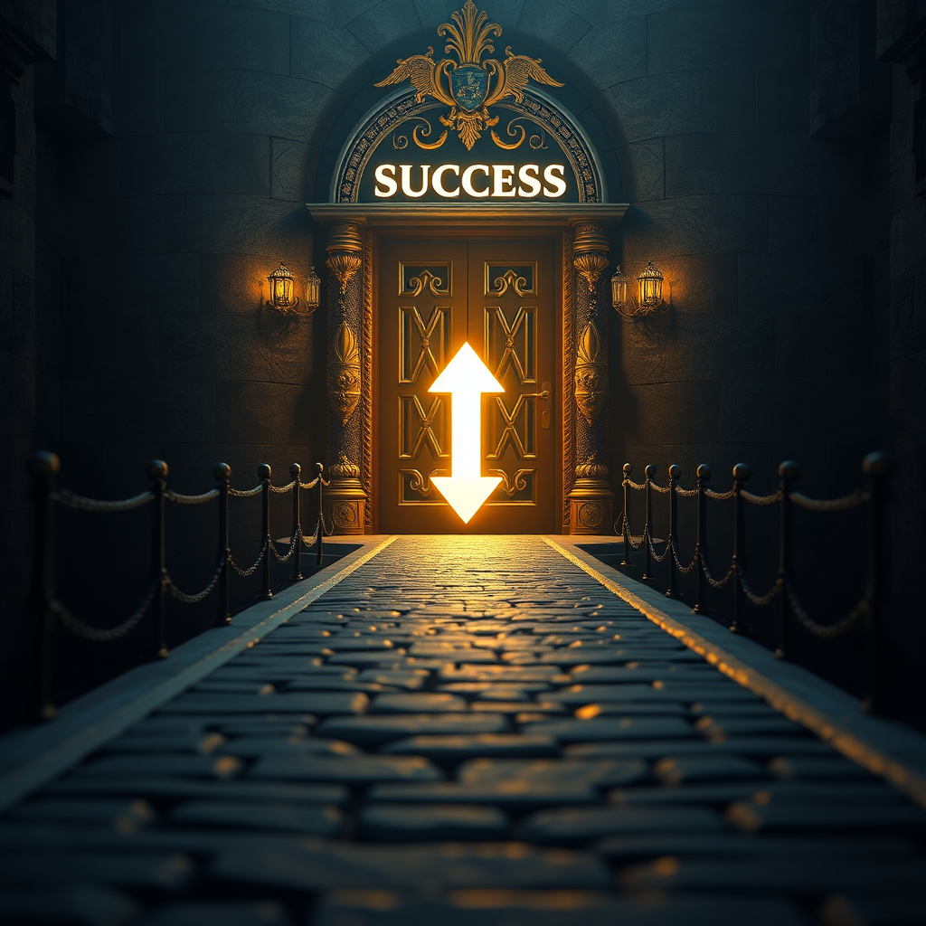 Photorealistic 8K image of a winding path leading to a grand, ornate door labeled 'SUCCESS'. Over the door, a brightly lit arrow points directly down at the handle. The path is lined with obstacles and challenges, but the door is clearly visible and inviting. The lighting should be dramatic, with shadows and highlights emphasizing the journey and the ultimate destination. The camera angle should be slightly low, making the door seem imposing and desirable. Focus on the texture of the path, the door, and the arrow. The style should be a blend of fantasy and realism, conveying the idea that a clear call to action leads to success. This image will capture the essence of a compelling CTA, guiding the viewer towards a desired outcome.