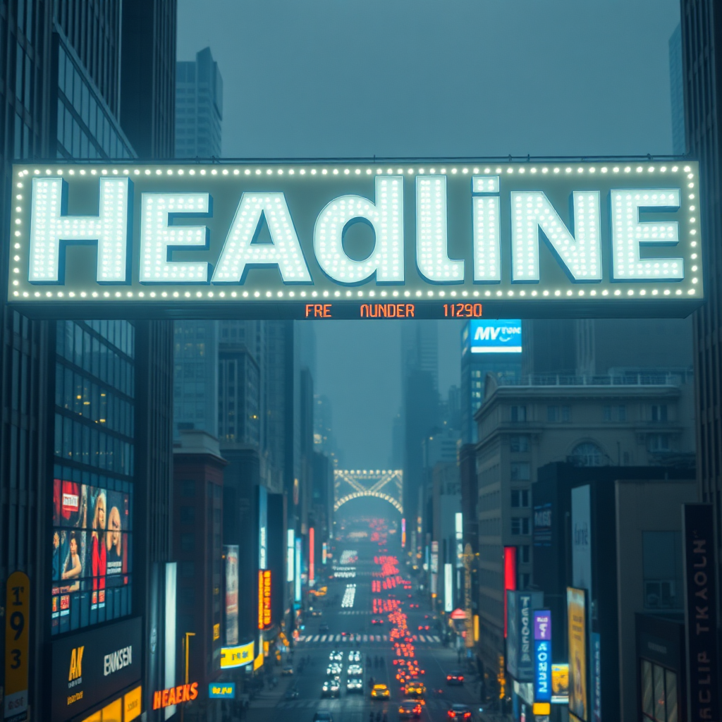 Photorealistic, 8K resolution image of a giant, illuminated headline hovering above a bustling city street. The headline, written in a bold, modern font, should be captivating and instantly attention-grabbing. The city below should be vibrant and full of life, representing the potential audience. The lighting should be dramatic, with the headline casting a soft glow on the surrounding buildings. The camera angle should be from a slightly lower perspective, emphasizing the headline's dominance. The color palette should be a mix of bright, contrasting colors to maximize visual impact. Style references include elements of street photography and digital art, aiming for a hyperrealistic but slightly surreal aesthetic. Focus on the texture of the illuminated letters and the details of the city skyline. The image should convey the power and importance of a well-crafted headline in capturing attention.