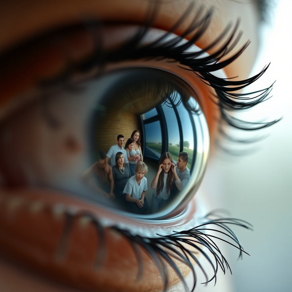 Photorealistic, 8K resolution image, displaying a single eye reflecting a diverse group of people engaged in various activities, showcasing their unique interests and needs. The eye is clear and focused, representing the ability to understand and empathize with different audiences. The reflections should be subtly layered, creating a sense of depth and complexity. The background should be soft and blurred, emphasizing the eye as the focal point. The lighting should be natural and balanced, highlighting the details in the reflections. The camera angle should be close, almost intimate, drawing the viewer into the eye. The style should be realistic yet evocative, conveying the importance of understanding your audience in effective copywriting. This image should capture the essence of empathy and connection.