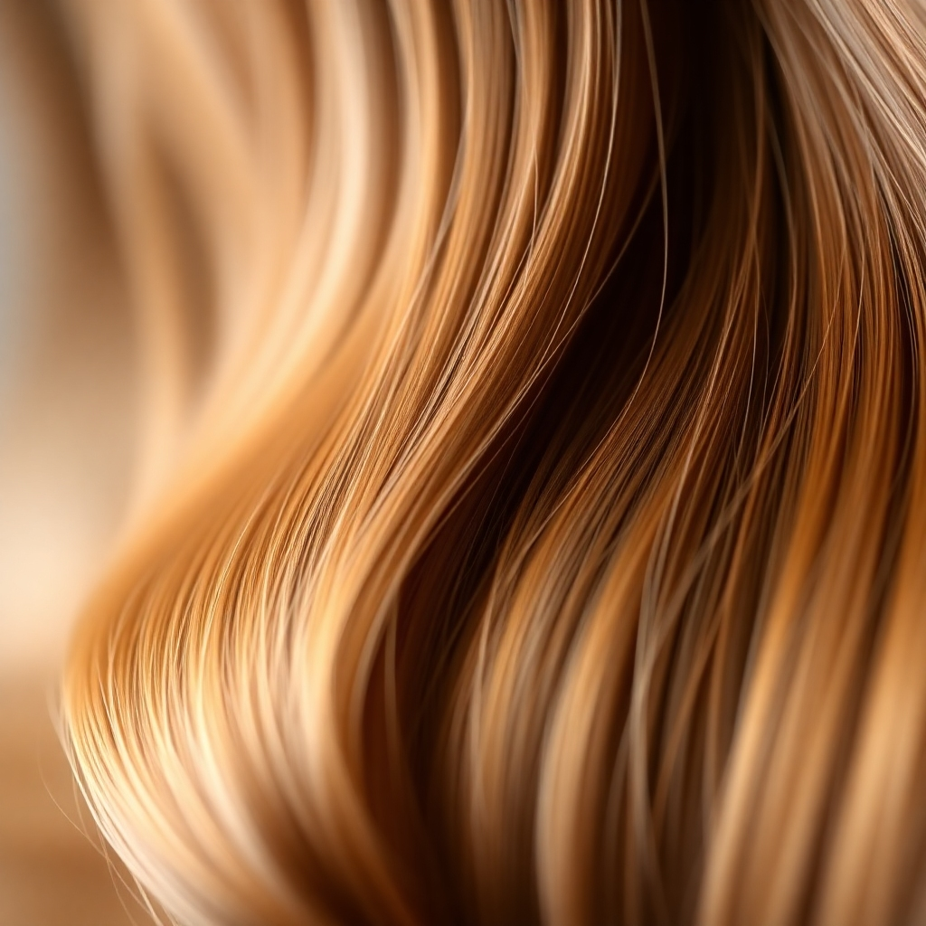 Photorealistic close-up image of healthy, shiny hair after a deep conditioning treatment. The hair should be smooth, silky, and vibrant. The background can be blurred or softly lit, focusing attention on the hair's texture and shine.  The image should convey the feeling of softness, health, and revitalization. Use high-resolution details to highlight the hair's improved condition.