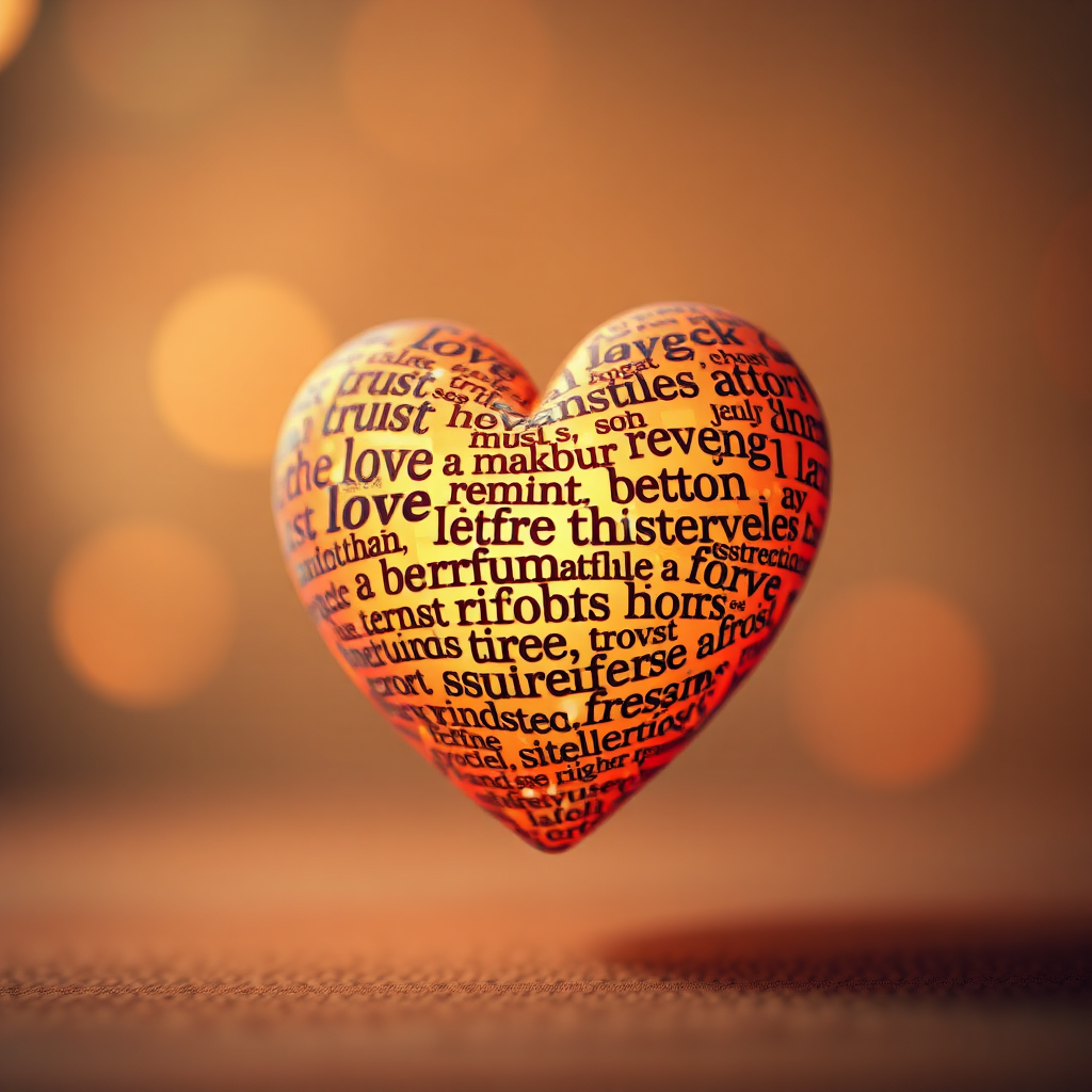 Photorealistic image, 8k resolution, depicting a close-up of a human heart subtly formed from interwoven text. The text should consist of emotionally charged words such as 'love,' 'trust,' 'joy,' 'hope,' and 'security.' The background should be softly blurred and colored with warm, inviting tones. The lighting should be gentle and diffused, highlighting the intricate details of the text-heart. The camera angle should be intimate, as if observing a precious and delicate object. Focus on the texture of the interwoven text and the subtle glow emanating from the heart. The overall style should be realistic yet evocative, conveying the power of emotional connection through language. The image should represent the core concept of emotionally-driven copywriting.