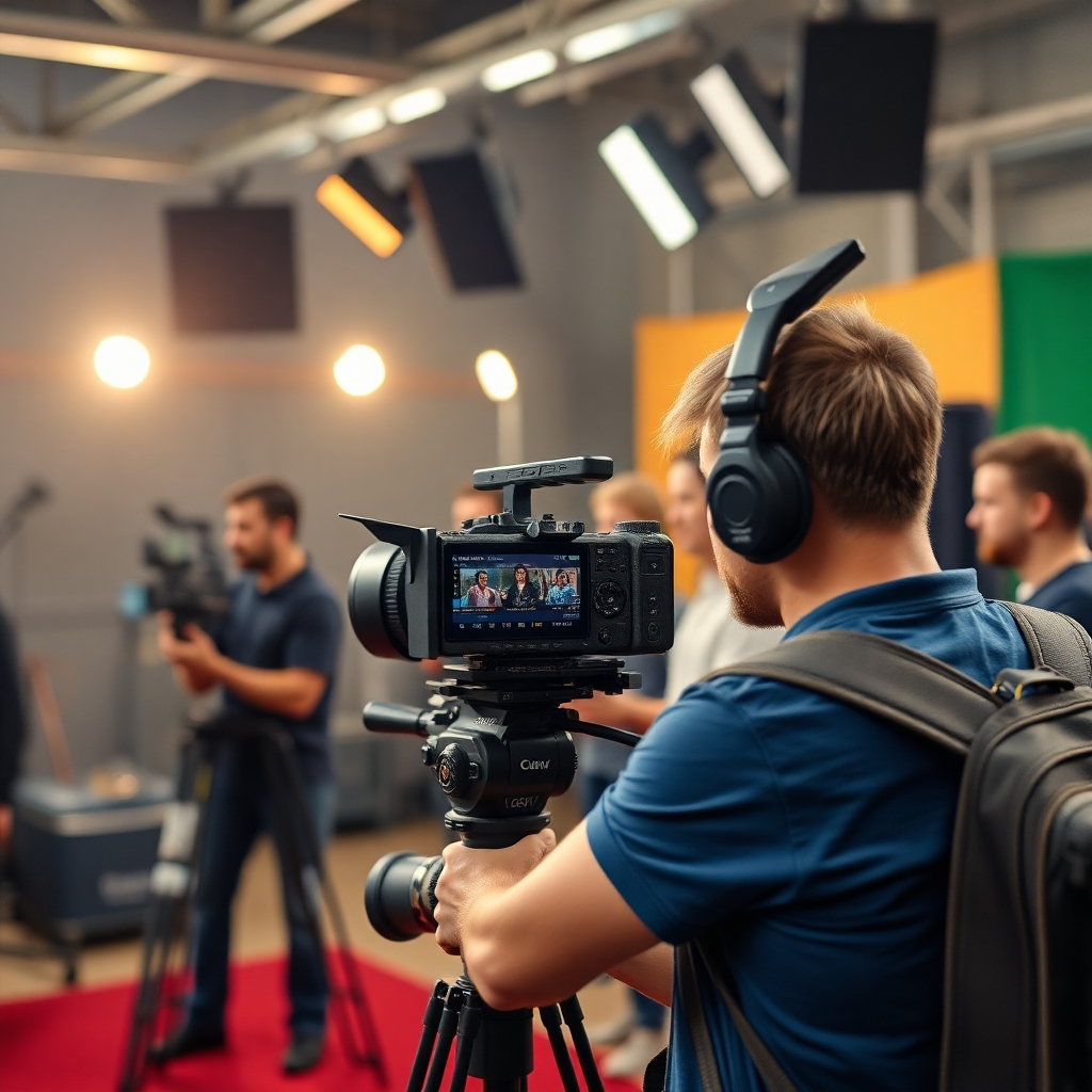 Photorealistic image: A behind-the-scenes look at a professional video shoot. Showcase the equipment, the crew, and the process of bringing a video to life.