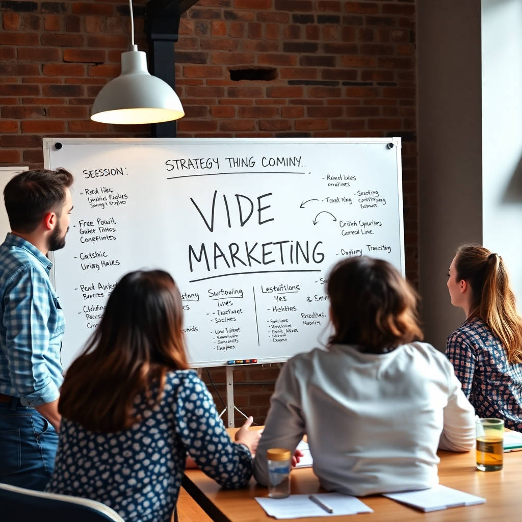 Photorealistic image: A brainstorming session, showing a team working on a whiteboard with strategy ideas related to video marketing. The atmosphere should be collaborative and energetic.