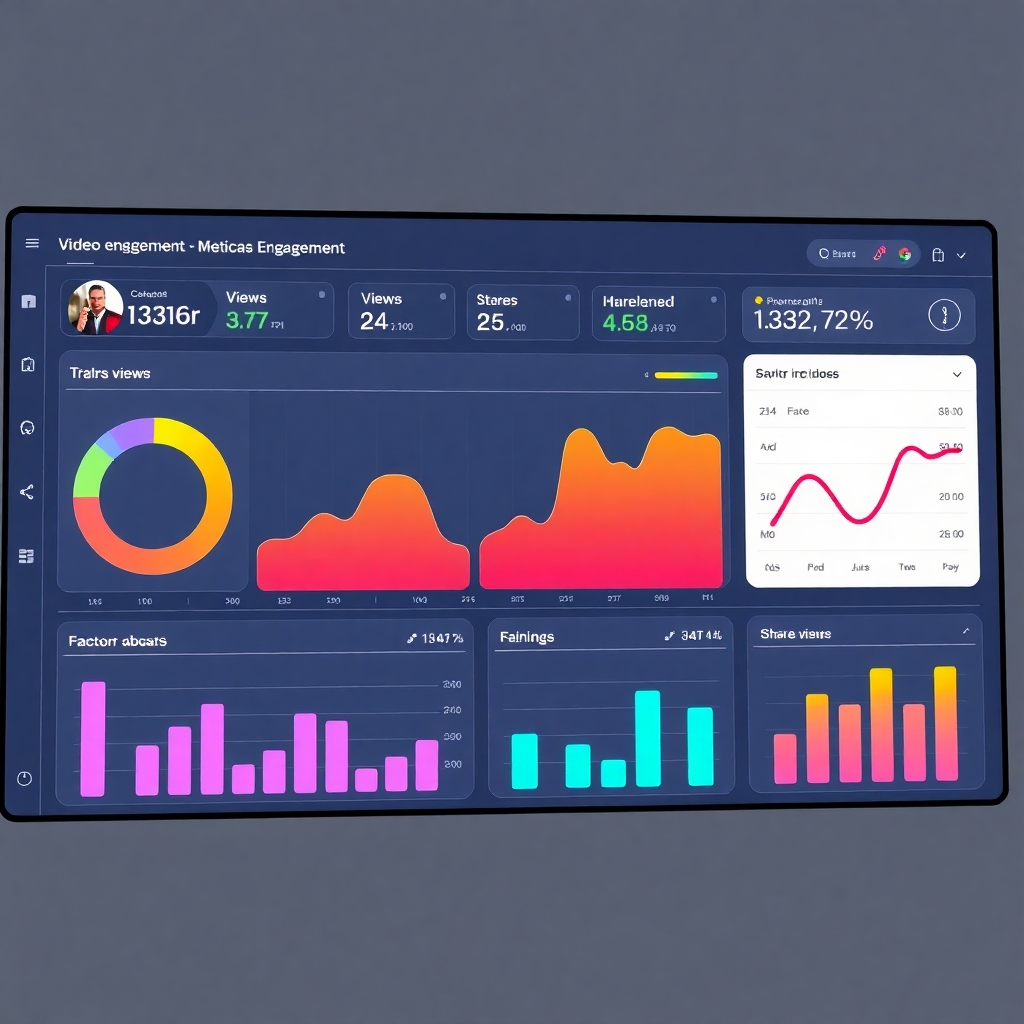 Photorealistic image: A clean, modern dashboard with data visualizations showing video engagement metrics, such as views, likes, and shares, using bright, visually appealing colors. High-resolution details are needed. The lighting is professional and neutral.