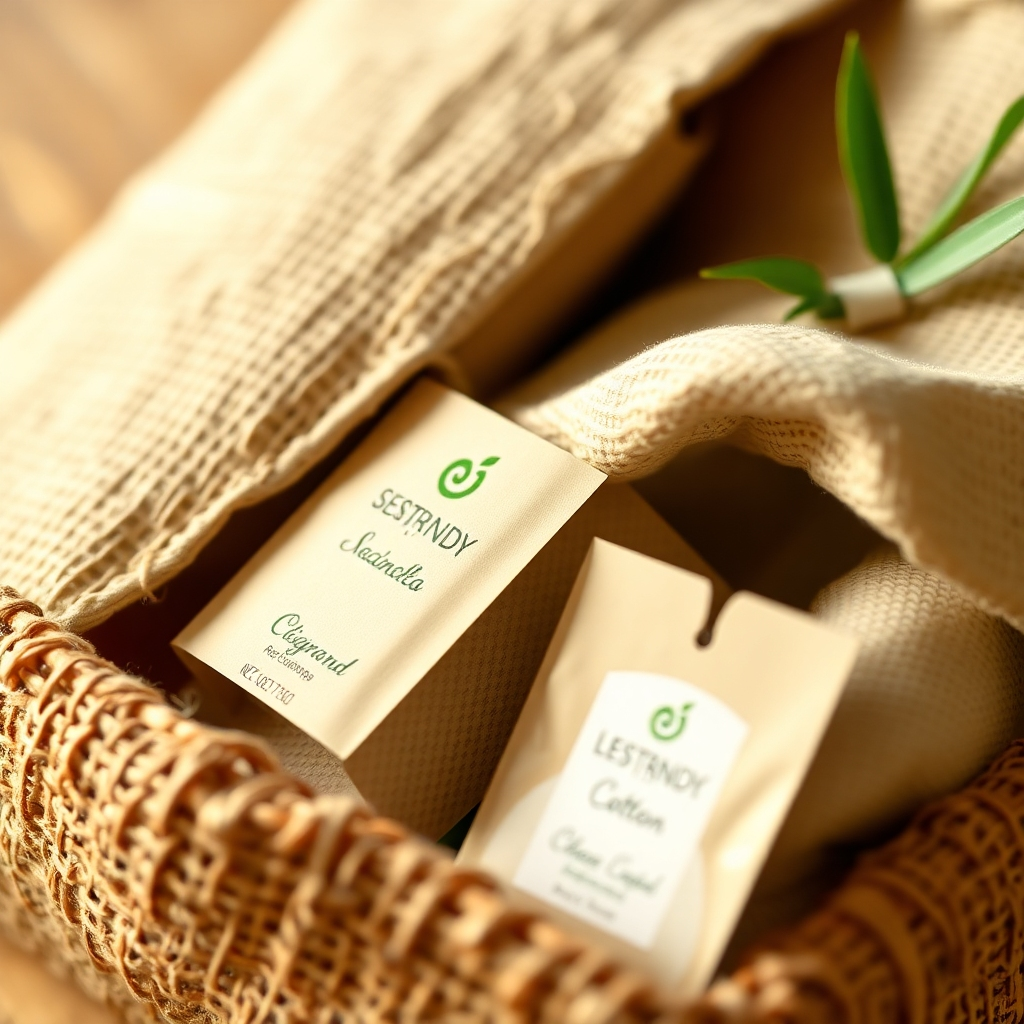 Photorealistic image: A close-up shot of a beautifully packaged eco-friendly product, highlighting the sustainable materials used. Focus on the texture of bamboo, recycled paper, or organic cotton.  Warm lighting enhances the natural beauty of the materials.