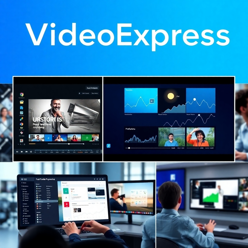 Photorealistic image: A collage showcasing various features of VideoExpress, such as video editing, analytics, and social media integration. The imagery must be crisp and sharp. The color palette should be bright and inviting, with a professional feel. The style should be modern and visually engaging.