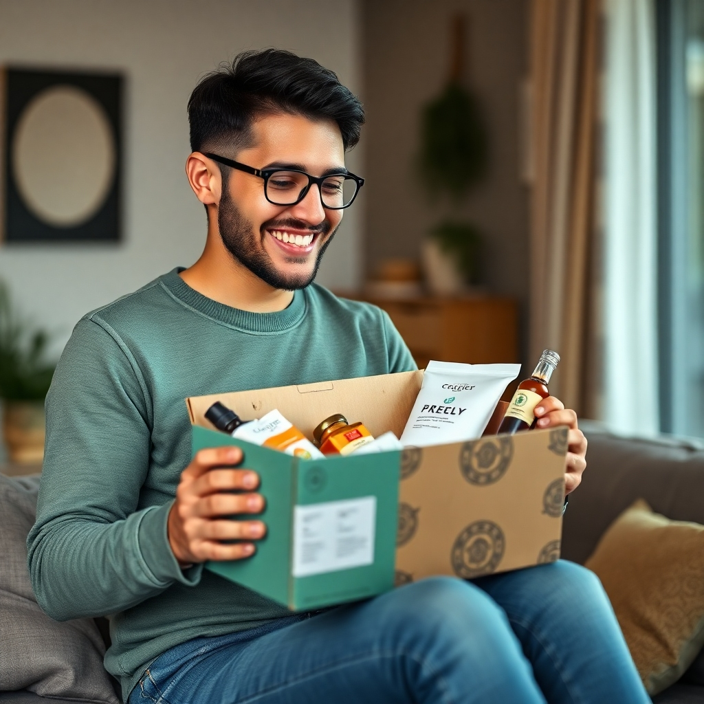 Photorealistic image: A customer receiving their subscription box, looking happy and impressed with the quality of the products. The image should emphasize the customer experience.