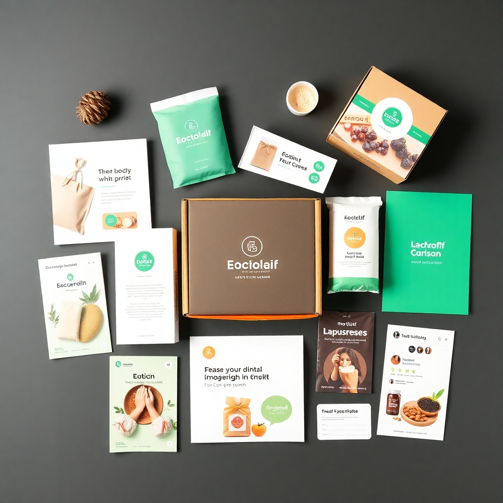 Photorealistic image: A flat lay showcasing a variety of eco-friendly subscription boxes, marketing materials, and social media posts. The composition should be clean and visually appealing, emphasizing the cohesive brand identity.