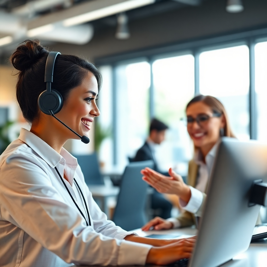 Photorealistic image: A friendly, helpful support agent is guiding a customer through using VideoExpress.  The image is bright and warm. The background is a modern, supportive office environment.