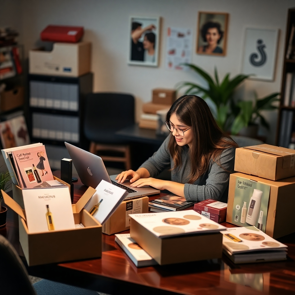 Photorealistic image: A person working on a laptop, surrounded by sample subscription boxes and product catalogs. The background should suggest a home office or co-working space, focusing on a calm and organized environment.