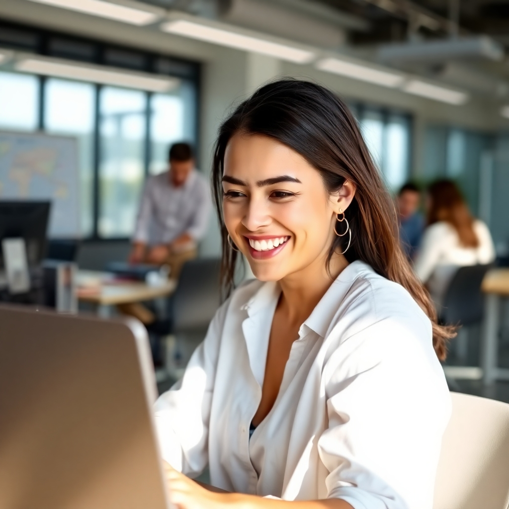 Photorealistic image: A person smiling, looking at a laptop screen displaying the VideoExpress interface. The background should be a modern office, subtly showing other people collaborating. The scene should radiate productivity and positive energy. Lighting should be bright and natural. Color scheme: bright and cheerful, using clean and modern hues.