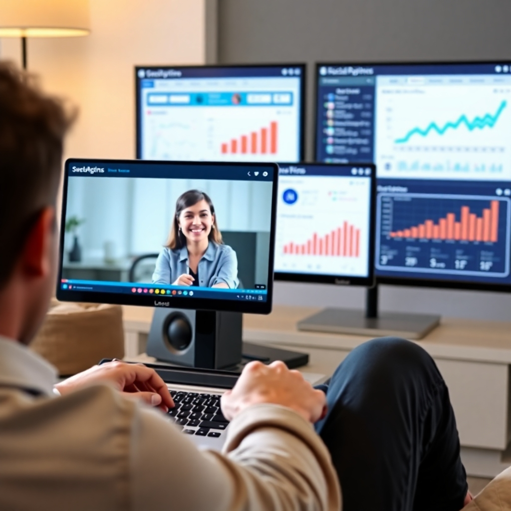 Photorealistic image: A person happily watching a small business video on their laptop, with various social media and marketing analytics dashboards visible on a second screen in the background.  The analytics should clearly show positive growth and engagement.