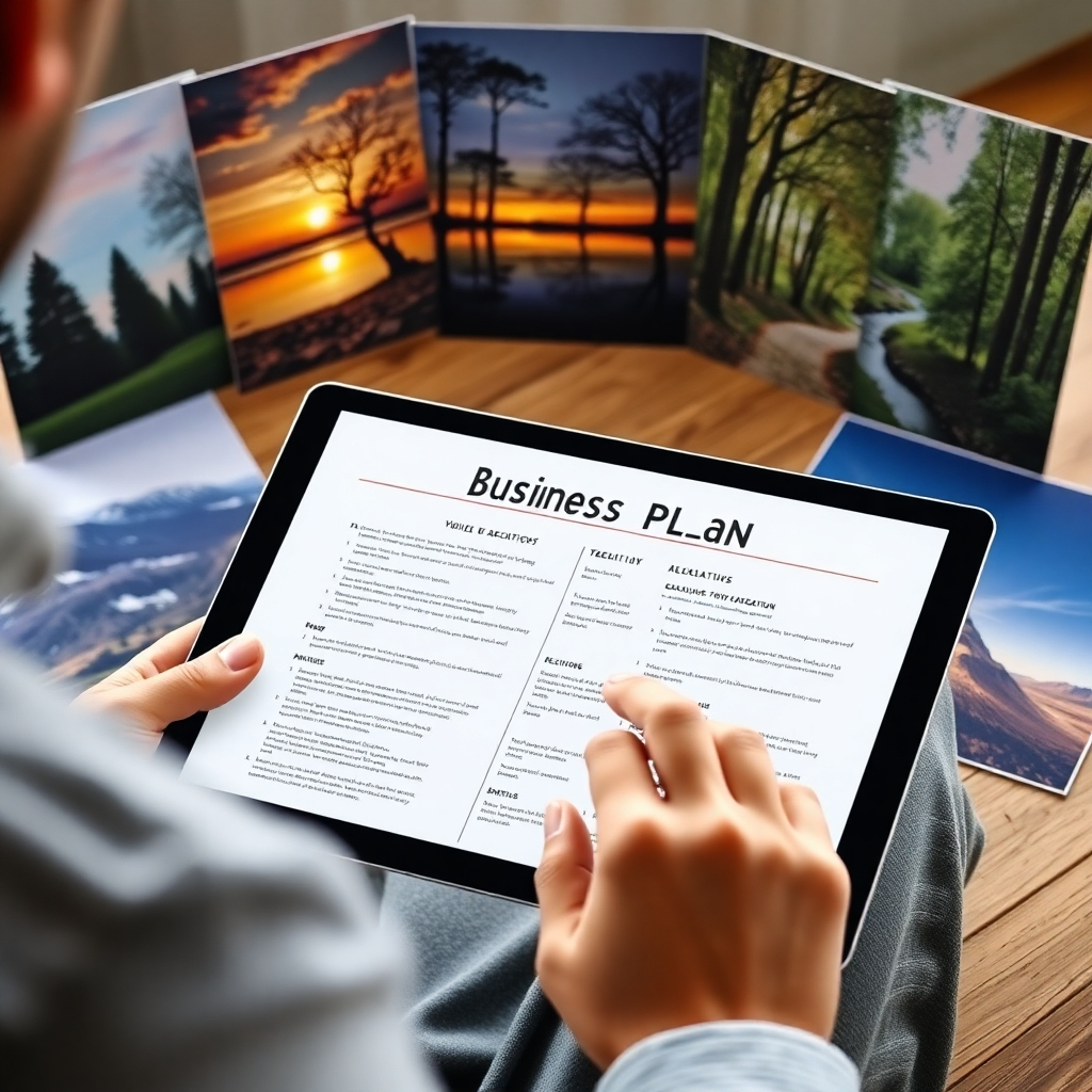 Photorealistic image: A person reviewing a detailed business plan document on a tablet, surrounded by inspiring images of nature. The image suggests a sense of calm and organized strategizing.