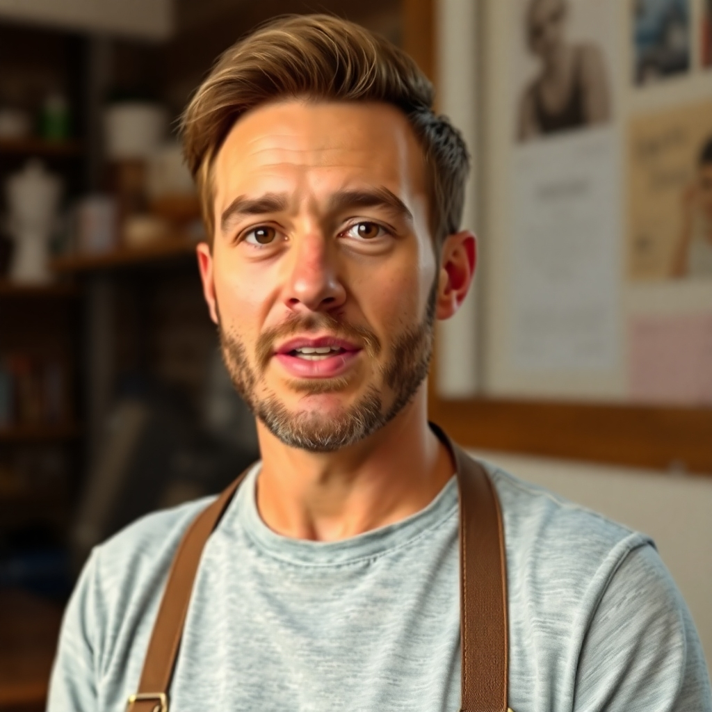 Photorealistic image: A small business owner speaking directly to the camera, sharing their story and experiences. The setting should be casual and relatable, creating a sense of connection with the viewers.