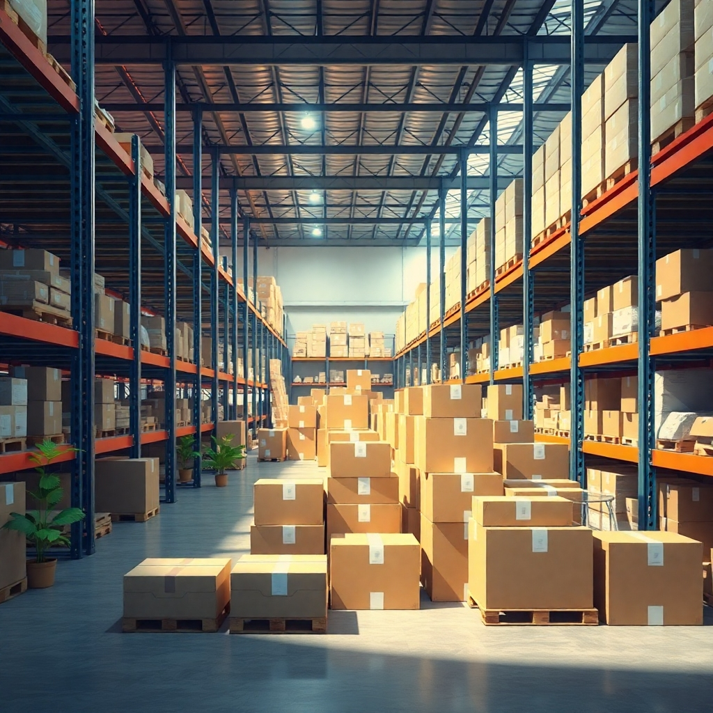 Photorealistic image: A warehouse showcasing the efficient and organized fulfillment process for subscription boxes. Highlight eco-friendly practices and sustainability in operations.