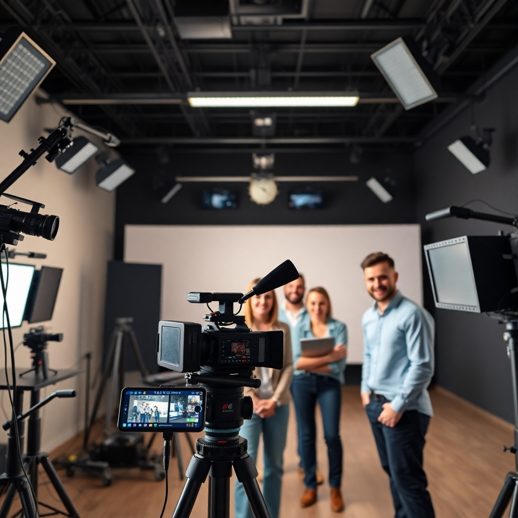 Photorealistic image: A well-lit and professional video studio set up, showcasing high-quality video equipment like cameras, lights, and microphones. Show a friendly and professional team at work.