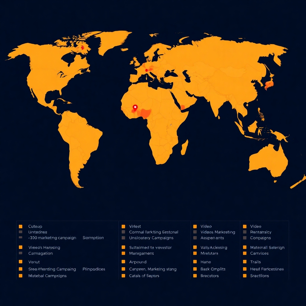 Photorealistic image: A world map with highlighted areas representing successful video marketing campaigns. Data points are highlighted. The color scheme should be professional and visually informative, emphasizing data visualization.