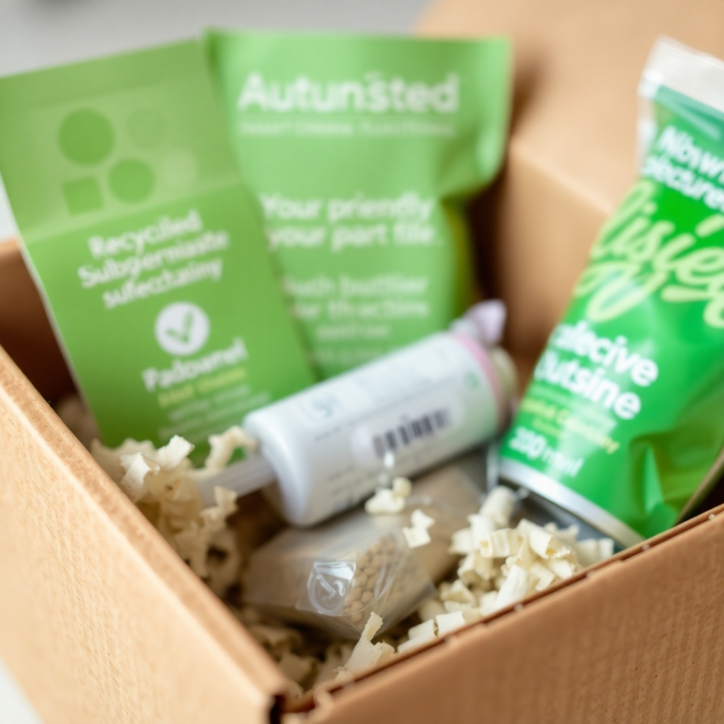 Photorealistic image:  Close-up view of a subscription box with eco-friendly packaging – recycled cardboard, biodegradable fillers, and minimal plastic.  Focus on the details, highlighting the commitment to sustainability.