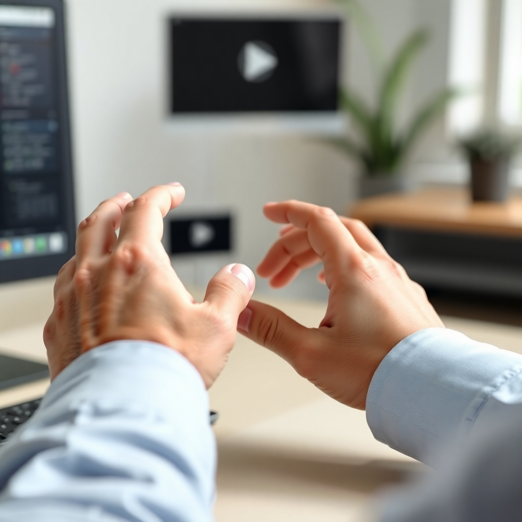 Photorealistic image: Close-up shot of a person’s hands easily using the VideoExpress software interface. The image is sharply focused, highlighting the clean, user-friendly layout and design of the software. Neutral lighting is used. High-quality textures are required.