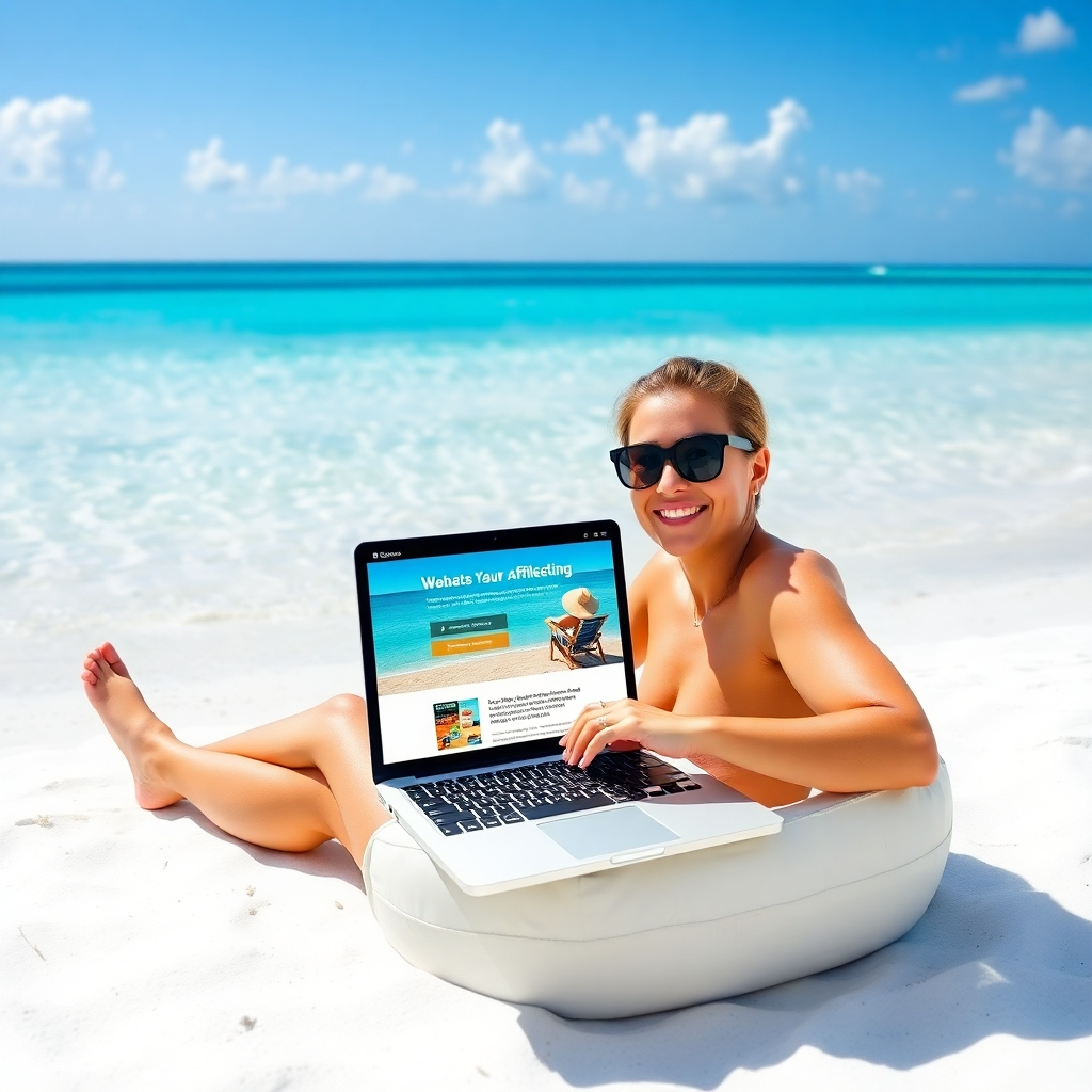 Photorealistic image depicting a person happily working on a laptop on a beach with beautiful clear blue water and white sand beach. There should be a laptop open in front of the person displaying a vibrant website with a call to action for an affiliate product that's relevant to the beach setting. The image should symbolize both relaxation and the success of working remotely through affiliate marketing.