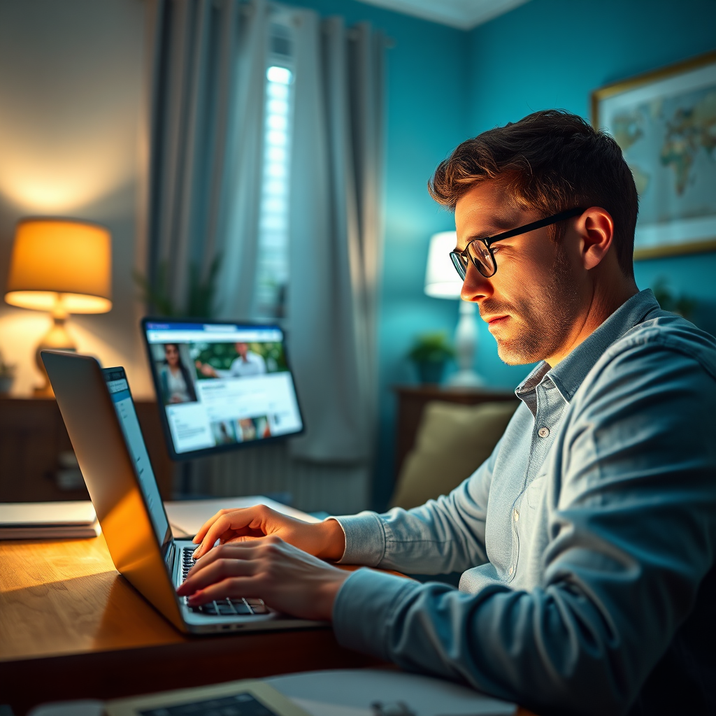 Photorealistic image depicting a person working from home, illuminated by the glow of a laptop screen. The screen displays multiple social media platform interfaces (Facebook, Instagram, LinkedIn) simultaneously. Each platform showcases engaging content relevant to a home business theme. Soft, warm lighting emphasizes the person's focused expression. The background is a tastefully decorated home office, suggesting comfort and productivity. The color palette is a blend of blues and greens, creating a sense of trust and reliability. Capture from a slightly low angle, emphasizing the subject's engagement. Hyperrealistic rendering.