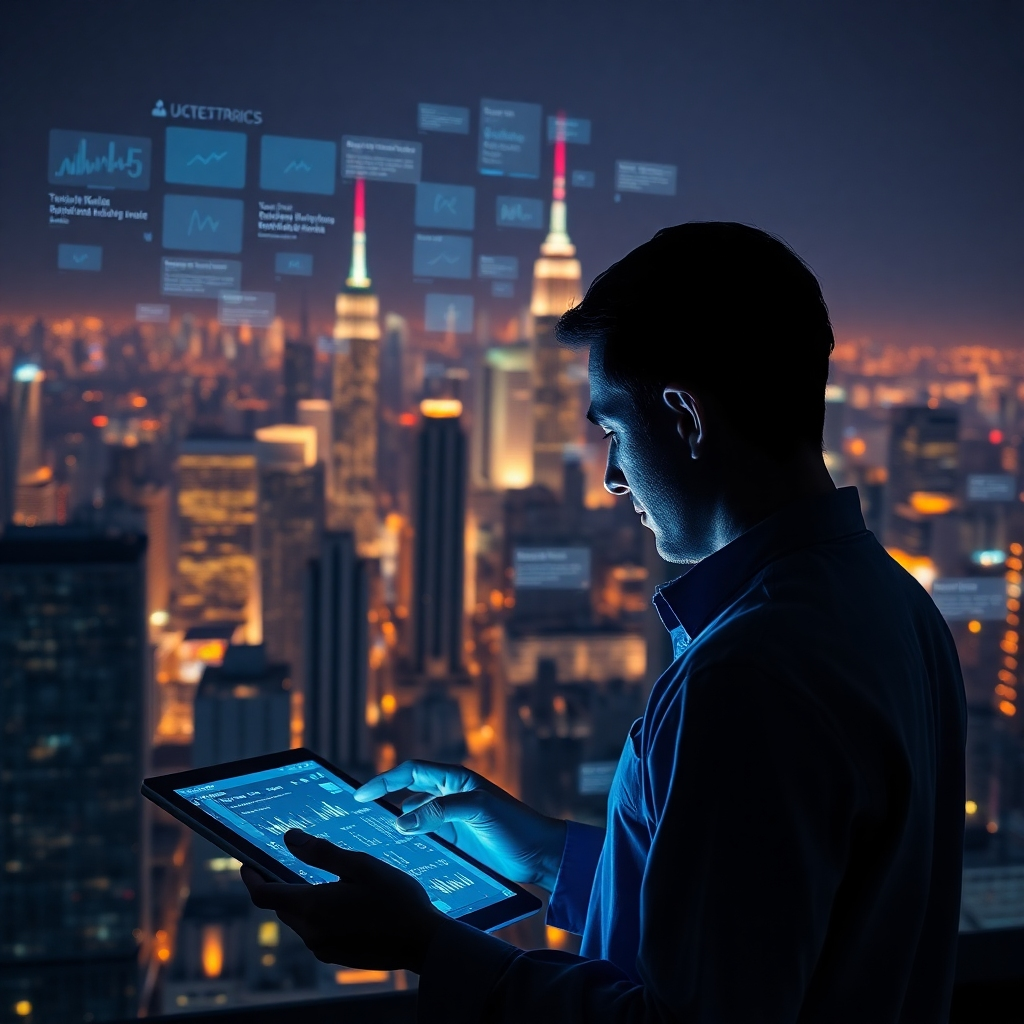 Photorealistic image depicting a transparent overlay on a city skyline showcasing trending social media topics as futuristic, glowing data streams. Below, a person is reviewing this data on a tablet. The lighting should be nighttime city lights mingled with the glow of the tablet and data. The color palette mixes cool blues of technology with the warm oranges of the city lights. The camera is angled to show the blend of the digital and physical realms. This represents data-driven insights. Technical specs: 8K resolution, hyperrealistic rendering.