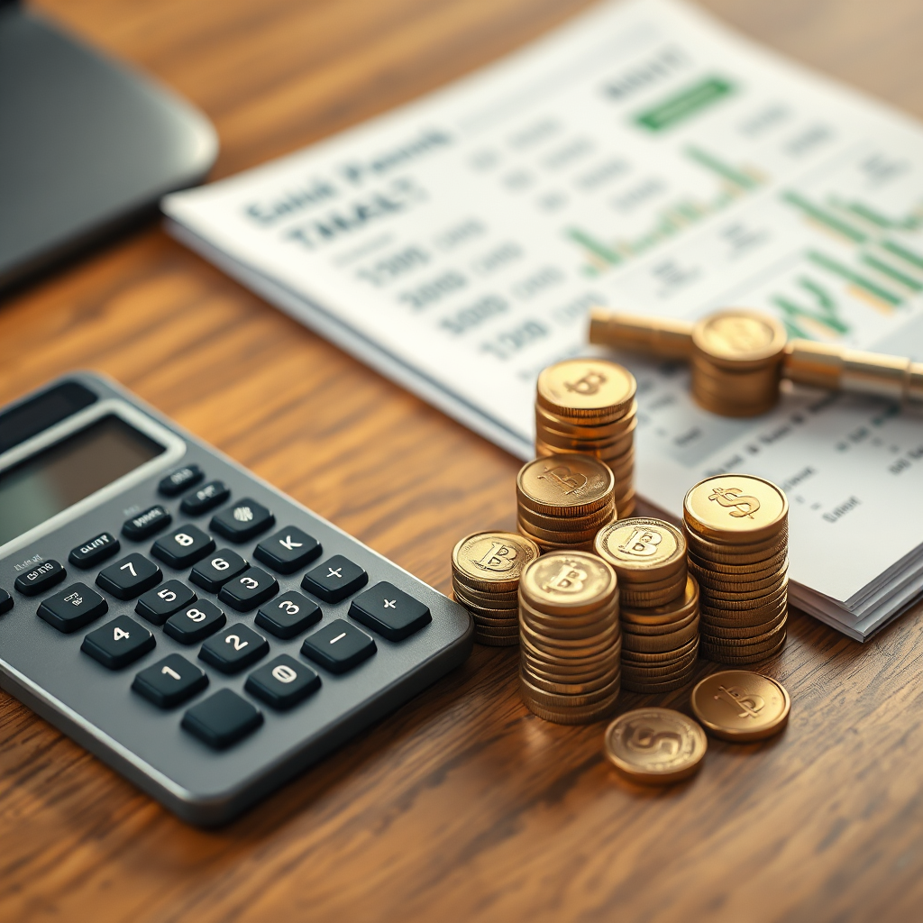 Photorealistic image of a calculator, financial statements, and stacks of coins arranged on a wooden desk. Soft, warm lighting to create a sense of stability and financial security. Green and gold color scheme to emphasize profitability.