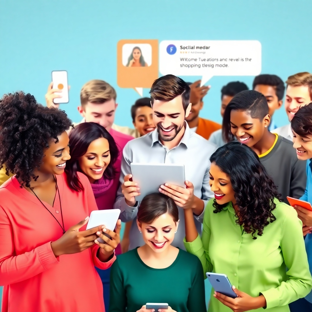 Photorealistic image of a diverse group of people actively engaged with social media, online reviews, and shopping platforms. The image should emphasize positive interactions, using bright, inviting colors.