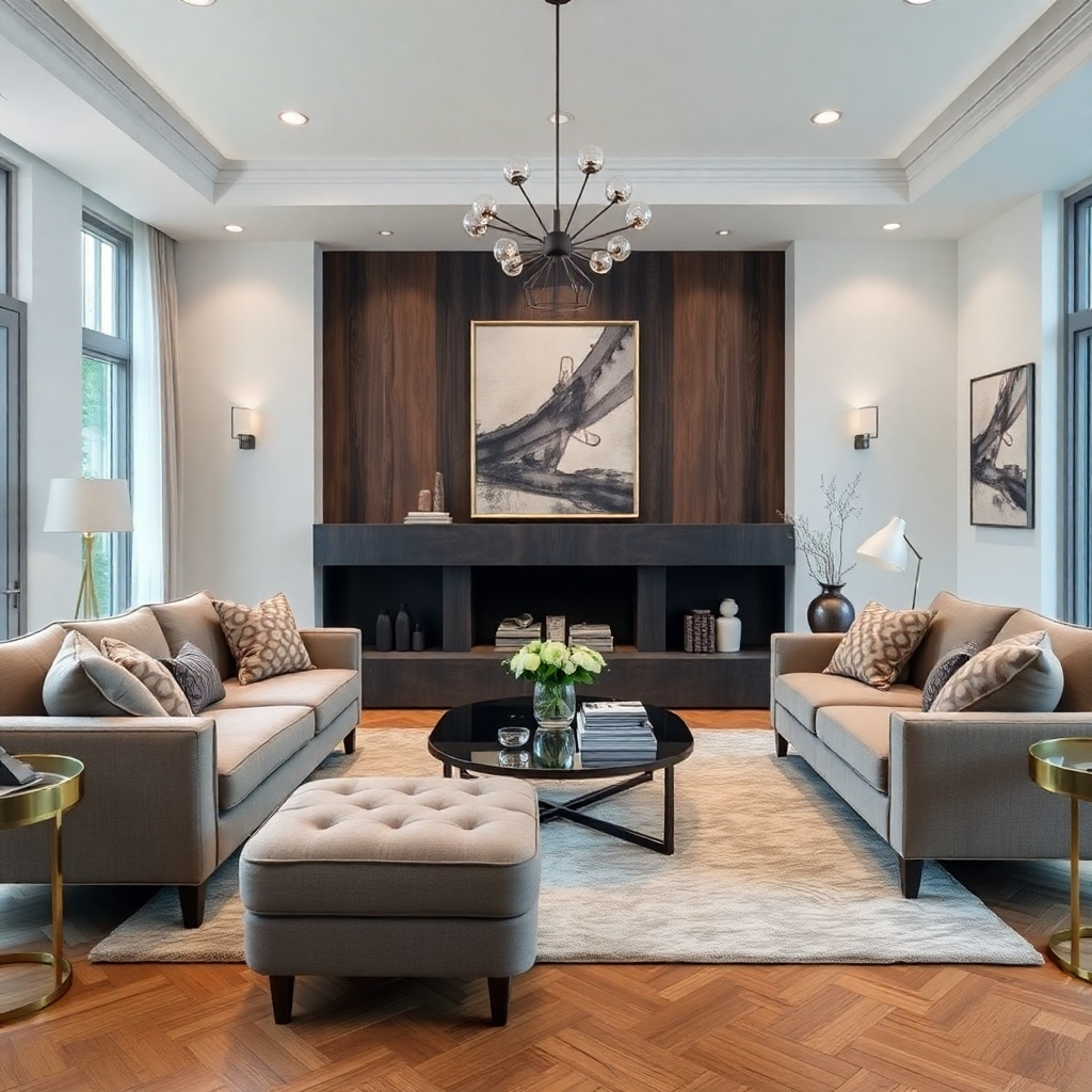 Photorealistic image of a living room with updated furniture, showcasing luxurious textures and comfortable seating arrangements.  Focus on the inviting atmosphere and how the furniture works together as a cohesive set.