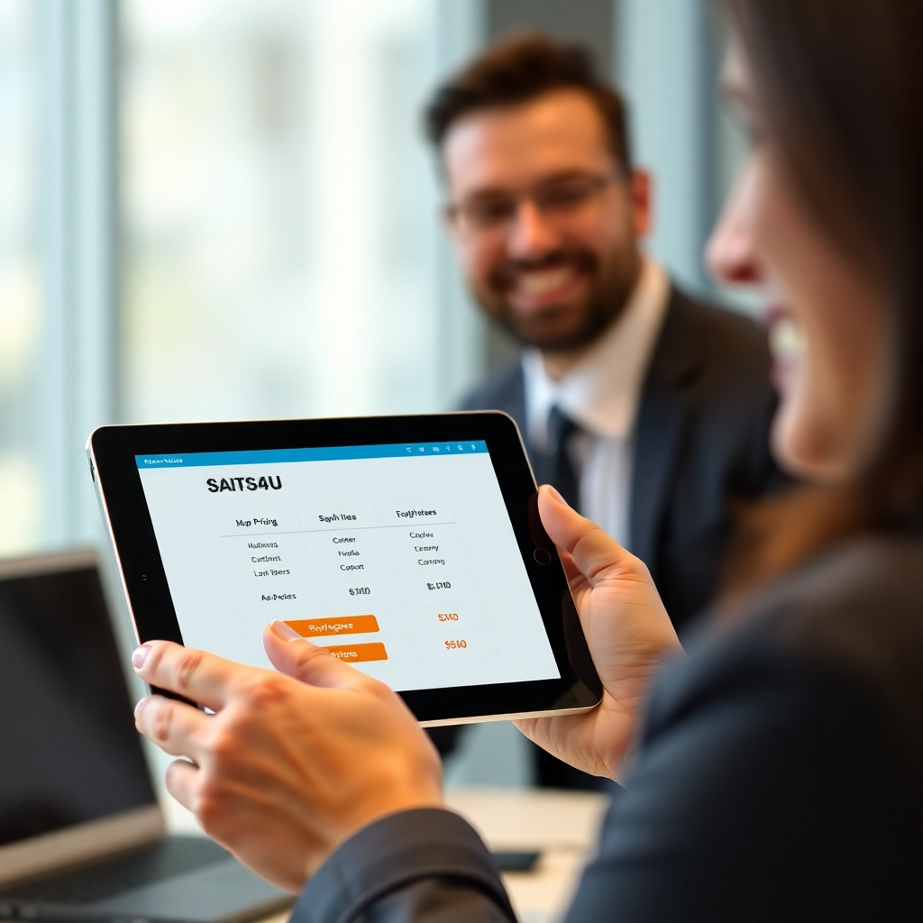 Photorealistic image of a person holding a tablet displaying the SAITS4U pricing page, with a positive reaction.  The background should be slightly blurred but still identifiable as a business setting. Focus on realistic lighting and high-quality image detail; make sure the tablet screen is crisp and easily readable.  The style should be similar to product marketing images found on reputable software websites.