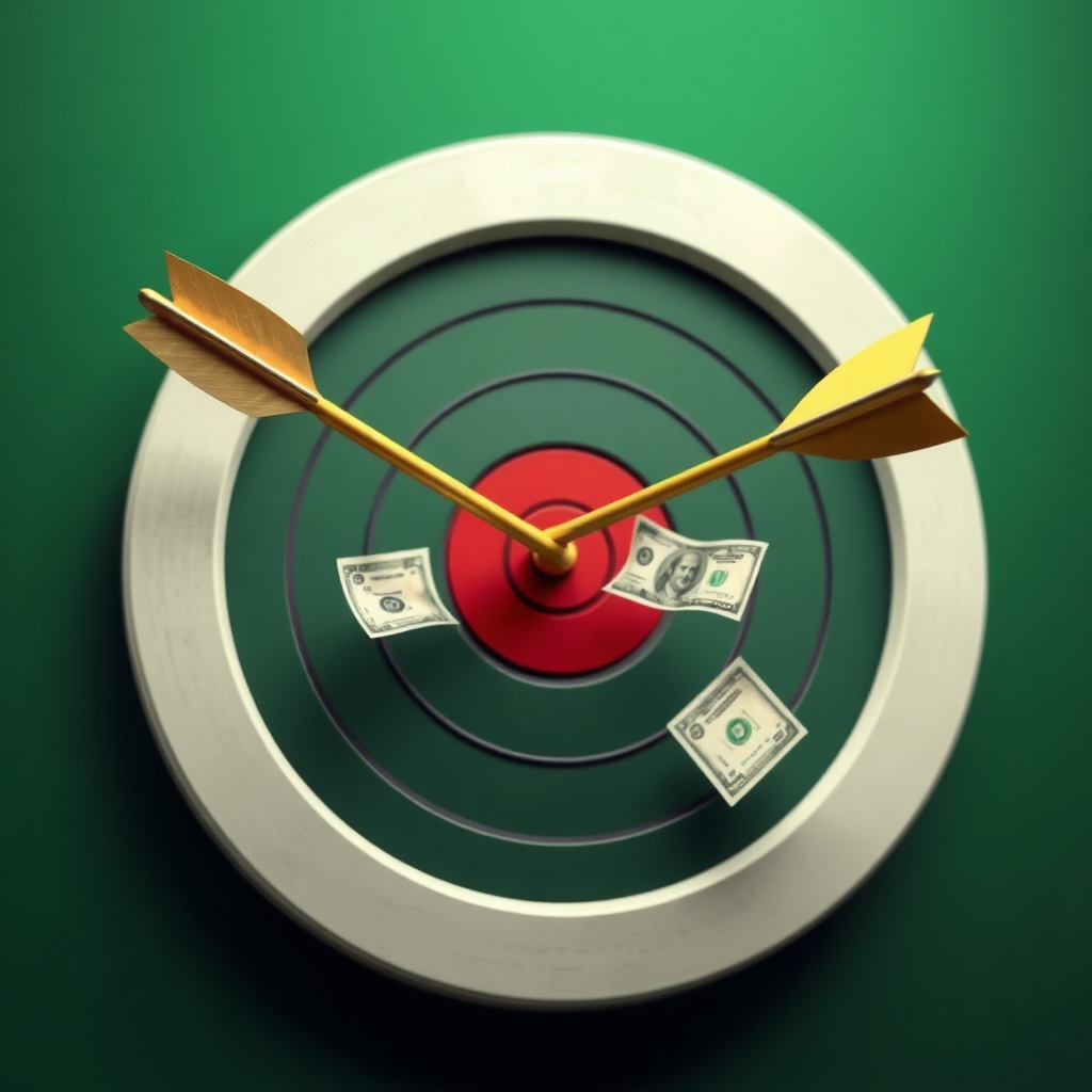 Photorealistic image of a target with an arrow hitting the bullseye. Money swirling around the target symbolizes effective investment. Green and gold color scheme to represent growth and return on investment.