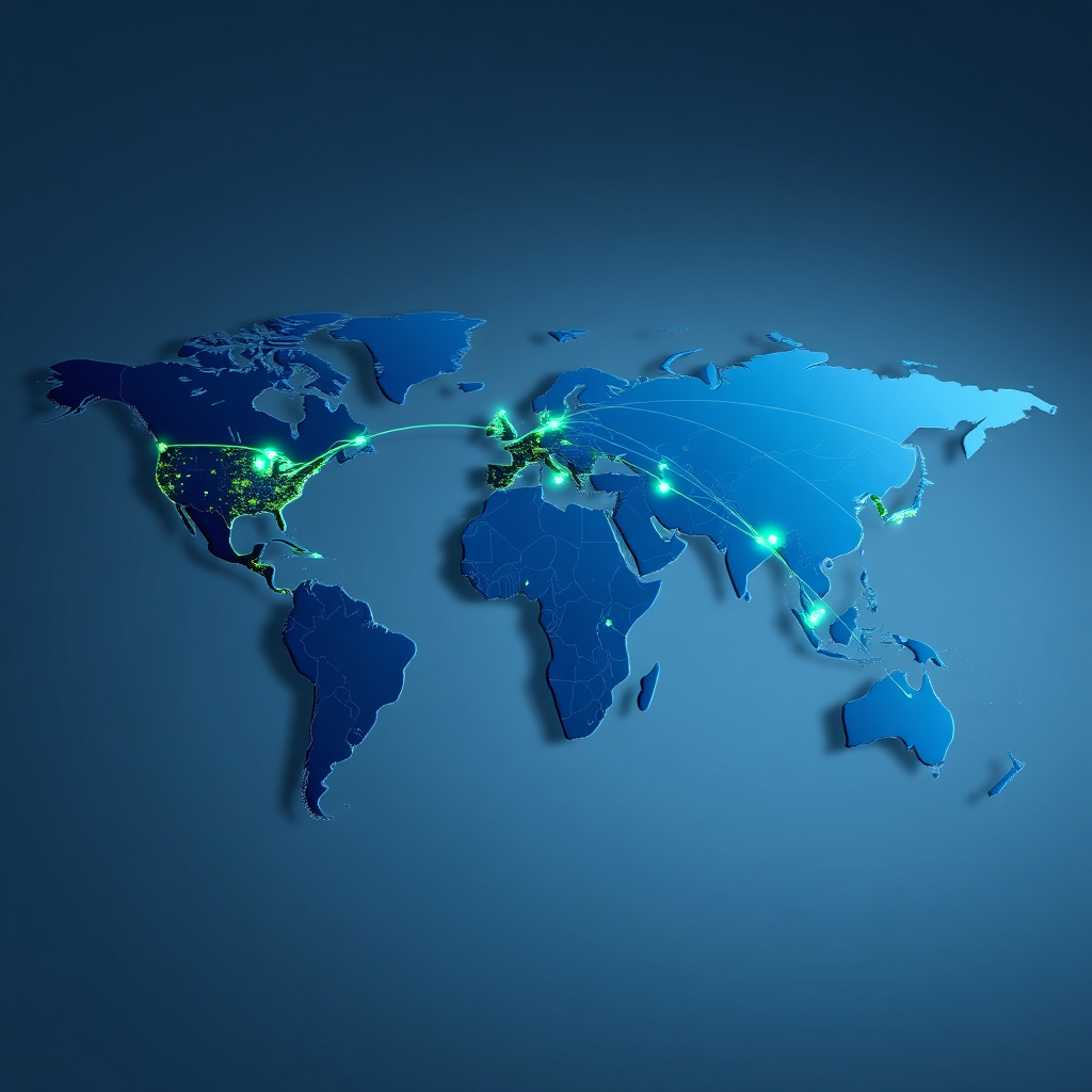 Photorealistic image of a world map highlighting key shipping routes with interconnected lines. Modern data visualization overlayed on the map shows package flows and optimized pathways. Blue and green color scheme to represent efficiency and global reach. Soft, professional lighting emphasizing data clarity.