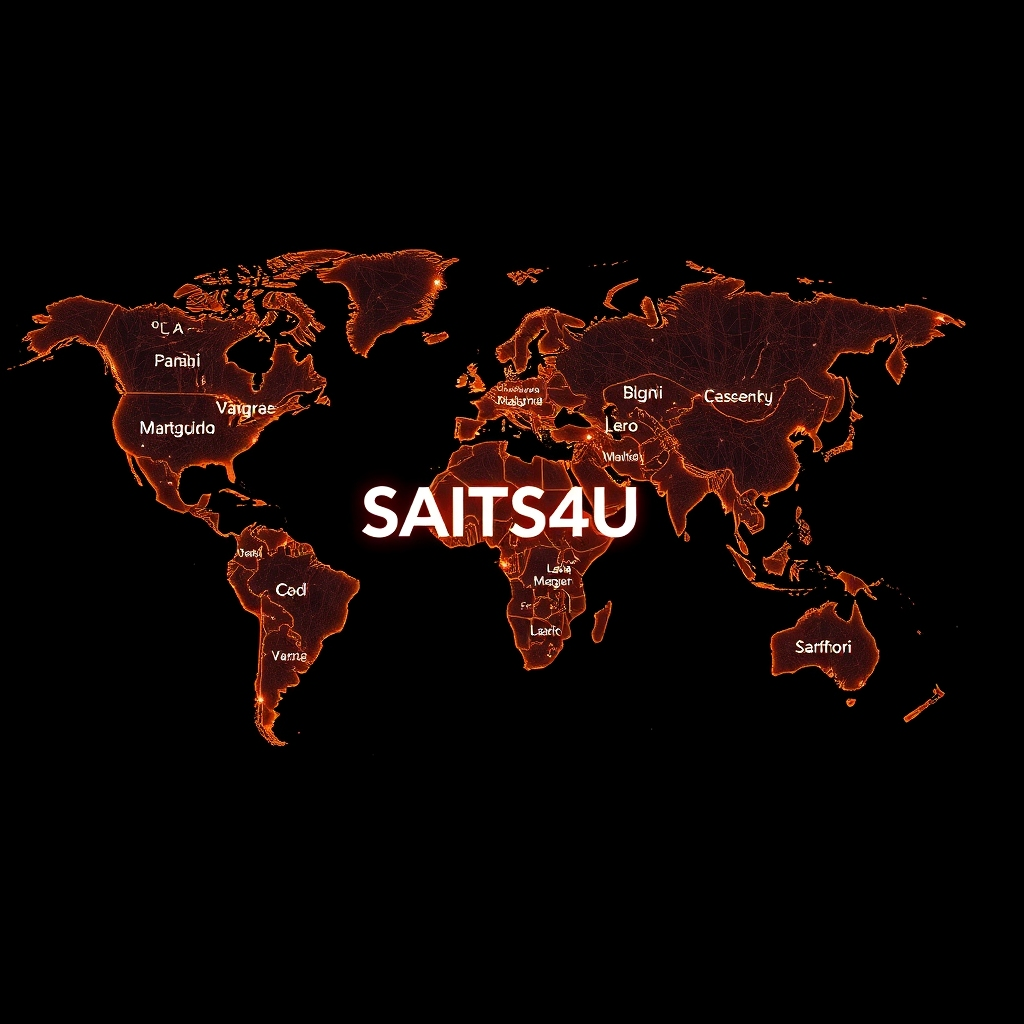 Photorealistic image of a world map with glowing lines connecting different cities, each city displaying a different language.  Incorporate the SAITS4U logo subtly within the map design. Use a dark background to emphasize the glowing elements. The style should be sophisticated and global, emphasizing the worldwide reach of the platform.